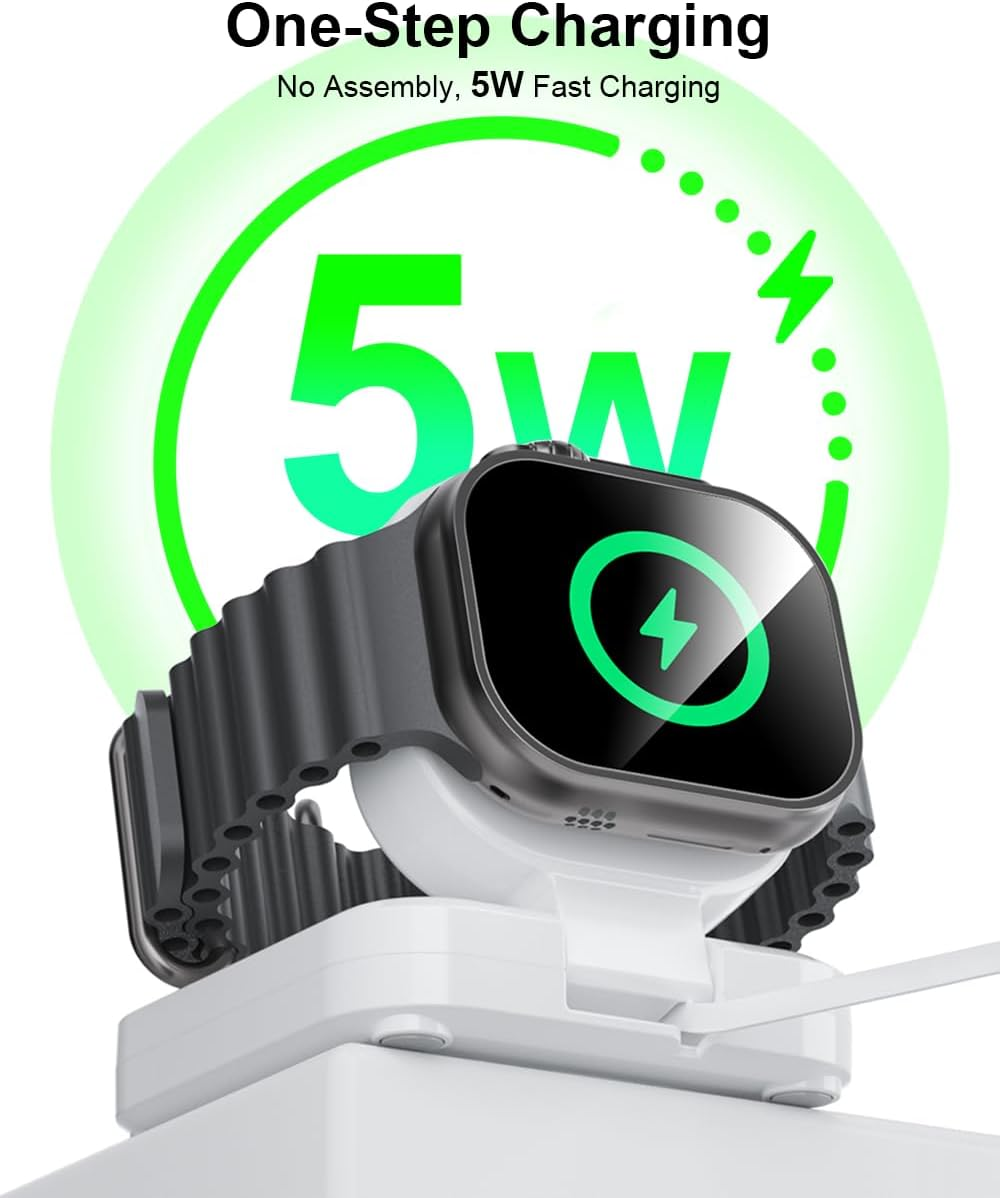 For Apple Watch Magnetic Charging Dock - 5W Wireless Fast Iwatch Charger Stand with USB C Cable, Nightstand Mode, for Apple Watch Ultra 2/10/9/8/7/6/SE/SE2/5/4/3/2, Portable Travel Retractable White