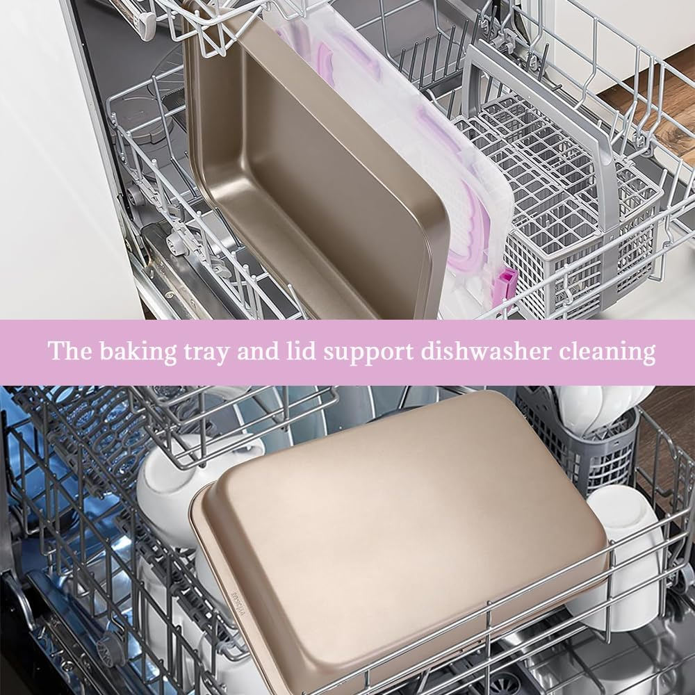 Cake Pan with Lid, Metal Baking Pan and Transparent Plastic Lid, Rectangular Cake Pan Holder with Handle for Easy Carrying, Suitable for Outdoor Dinners, Parties, Home Kitchens, Bakery Baking image number 5