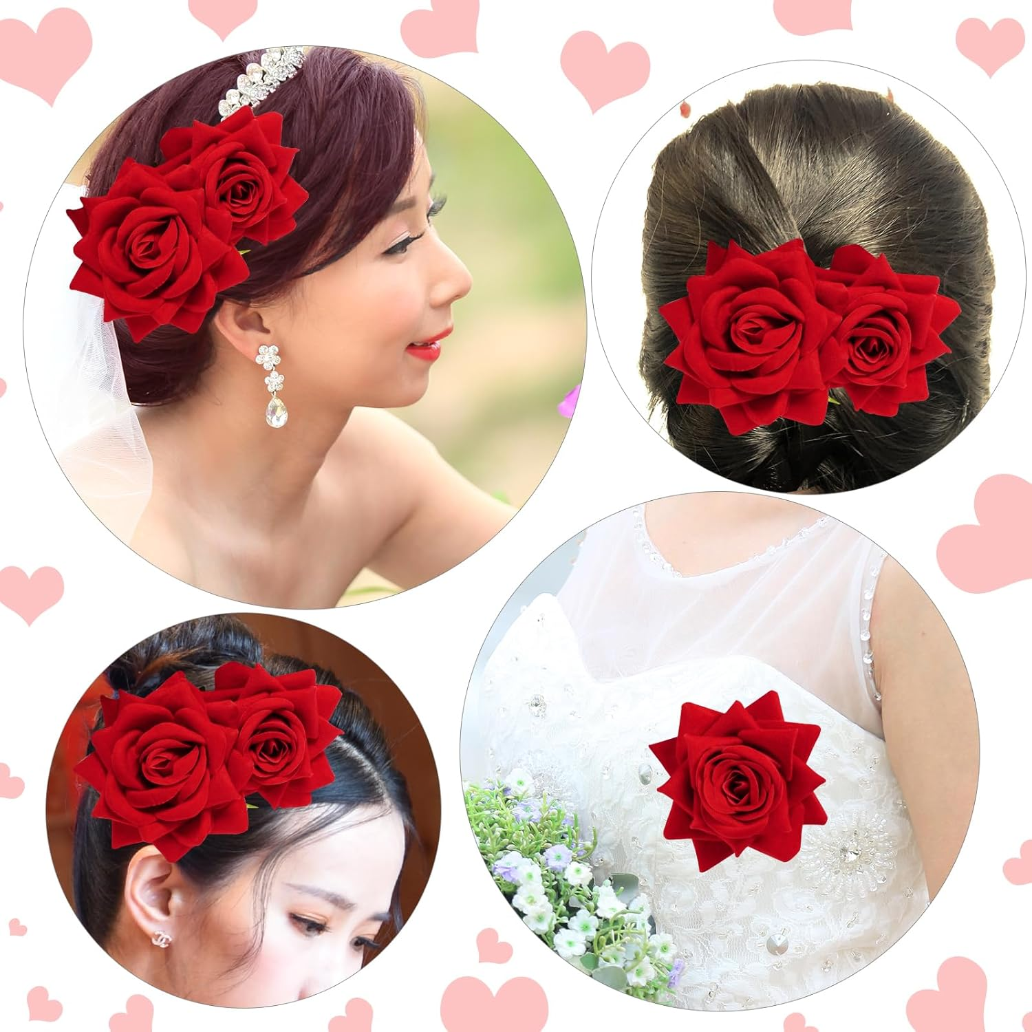 Topbuti 3 Pcs Rose Flower Hair Clip Rose Brooch Flamenco Dancer Hairpin Mexican Hair Accessories for Woman Girls Wedding Party Mother'S Day Halloween Costume (2 Styles) (Red)
