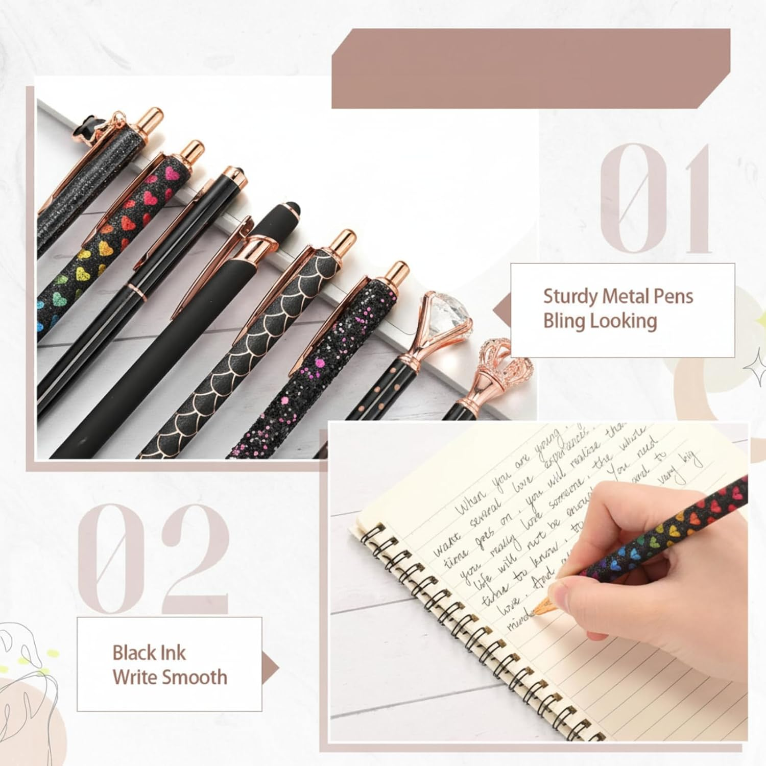 Janmini 9 Pcs Ballpoint Pens Set Metal Crystal Diamond Pen Liquid Sand Glitter for Journaling Black Ink Pretty Cute Fancy Gifts Women Girls School Wedding Office Desk Supplies (Black) - Brown image number 3