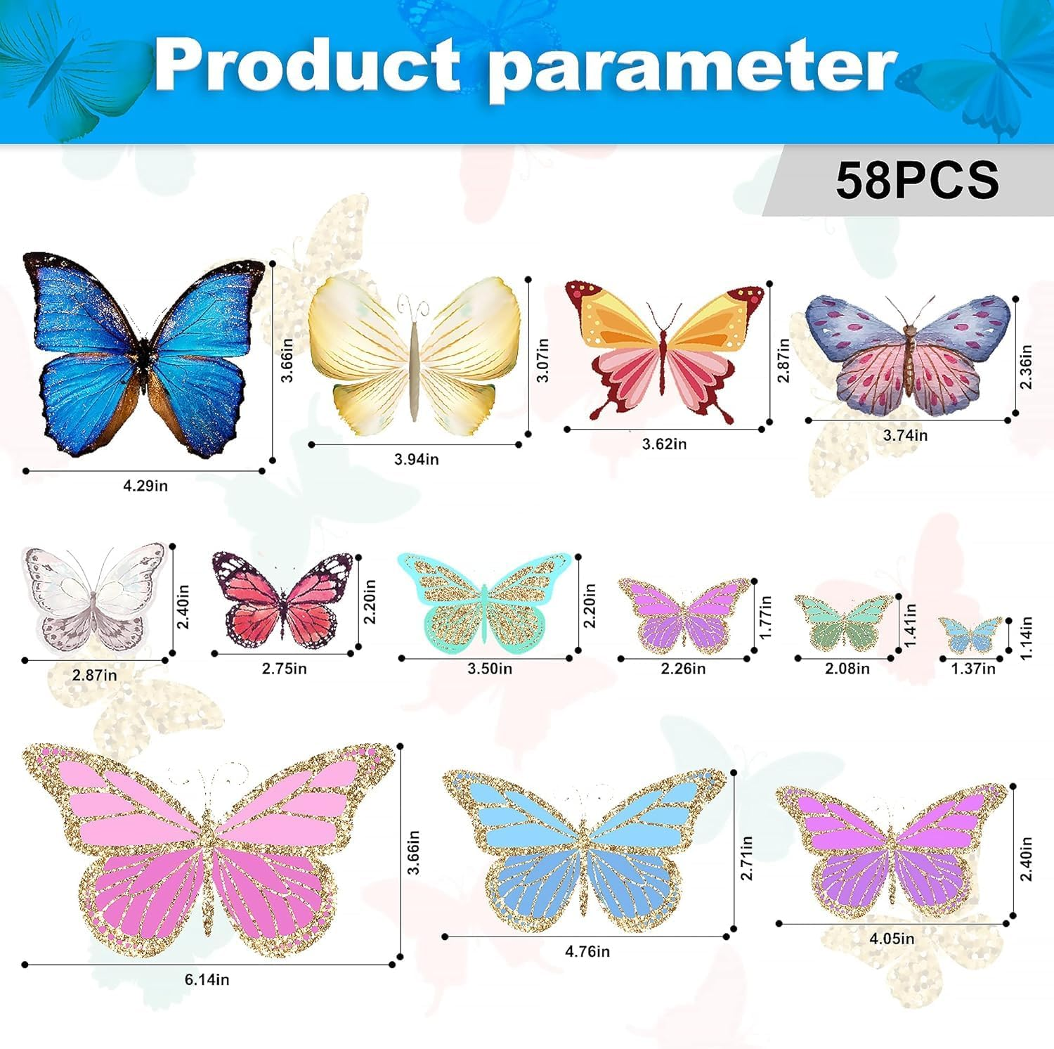 Glow Butterfly Wall Decor Stickers, 58Pcs Luminous Butterfly Wall Decals, Colorful Wall Art, DIY Glow in the Dark Wall Decals for Kids, Girls Bedroom, Bathroom Decorations (Sky Blue) image number 1