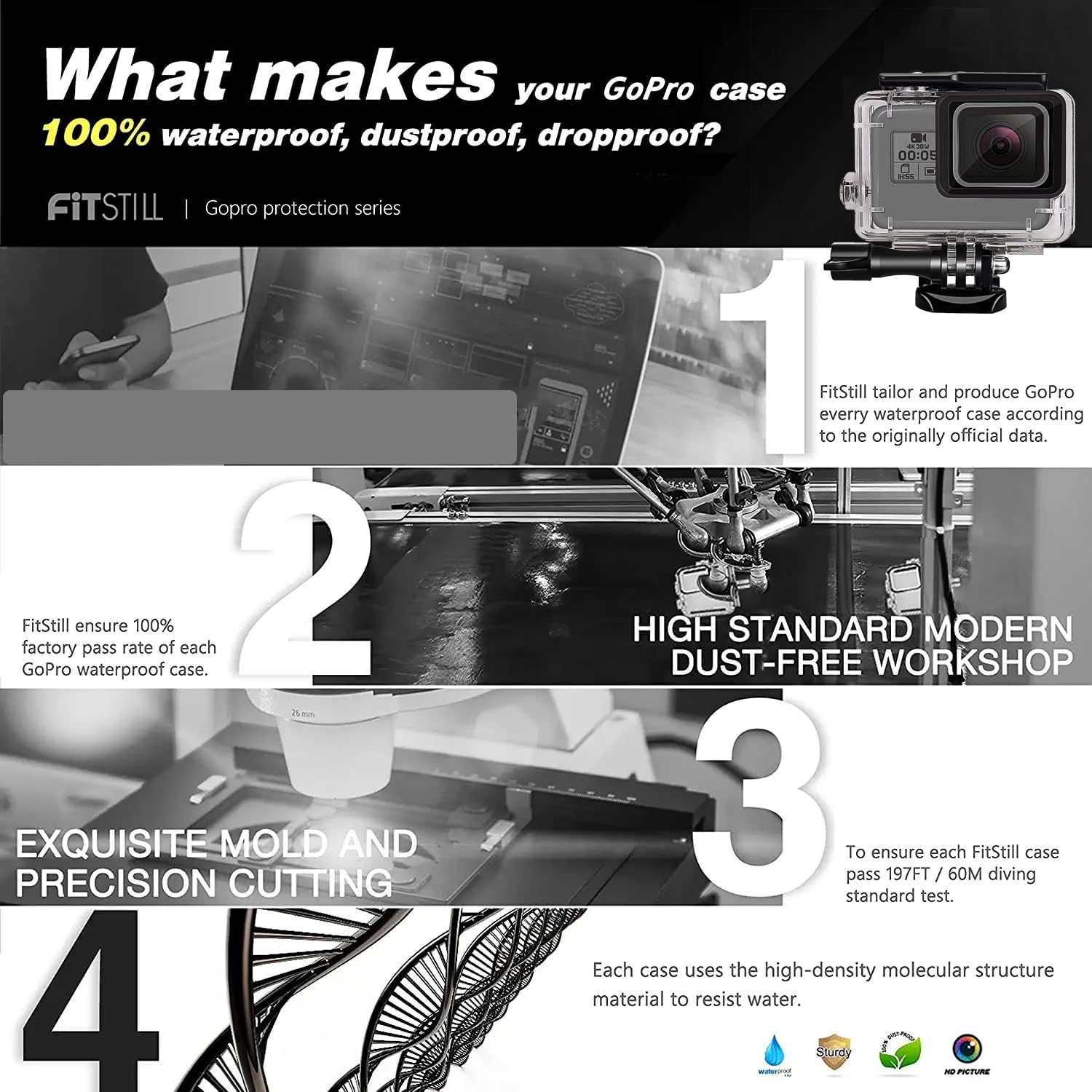 Fitstill 148FT/45M Underwater Waterproof Protective Case Shell Compatible for Go Pro Hero 2018/7/6/5 Black, Monopod Floating Hand Grip Selfie Stick for Hero7 Hero6 Hero5 Black Accessories Kit image number 3