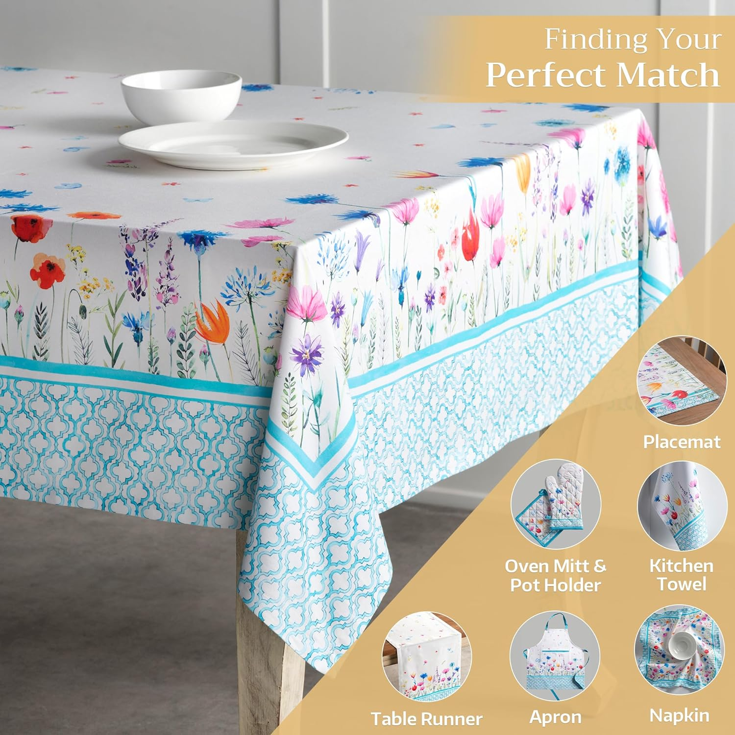 Maison D'Hermine Table Cloth Rectangle Table 100% Cotton 60 X 120 Inches Tablecloth Reusable for Dining Room, Farmhouse, Home, Party, Festive & Wedding Spring Summer - Flower in the Field image number 6