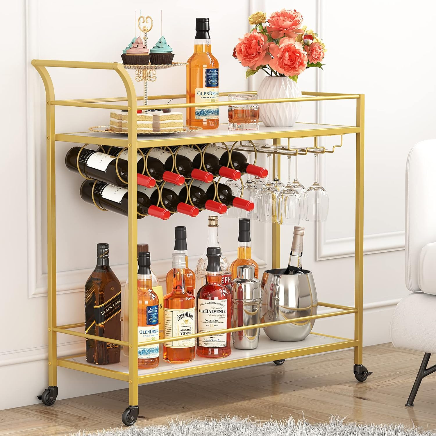 Lifewit Drinks Trolley on Wheels, 2 Tier Bar Cart with 9 Wine Bottle Racks, Serving Cart for Kitchen Dining Living Room Outdoor, 80 X 33.2 X 87.8 Cm, Gold image number 4