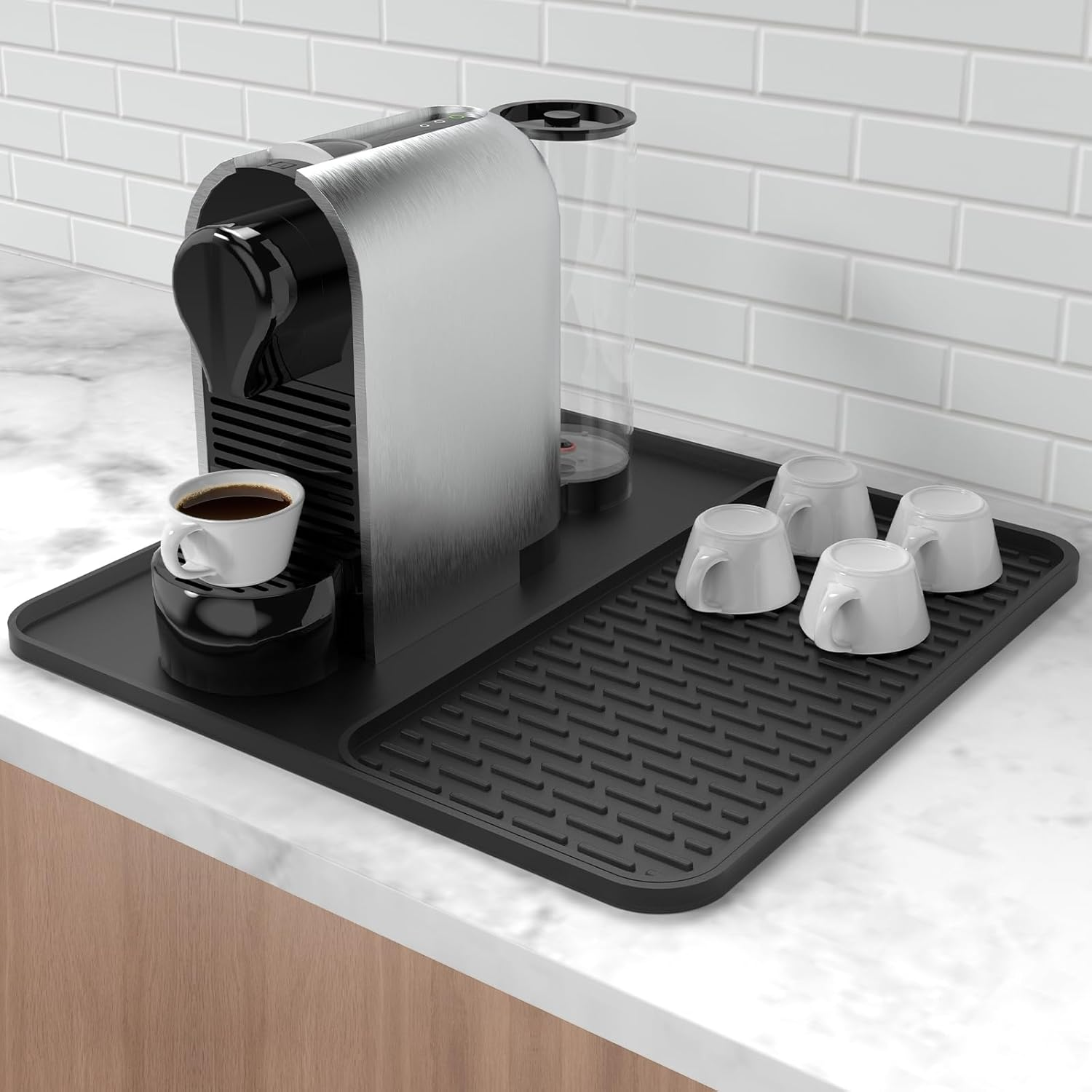 Silicone Coffee Mat, 24''X16'' Bar Mat with Detachable Dish Drying Mat - Fits under Coffee Maker & Dish Rack