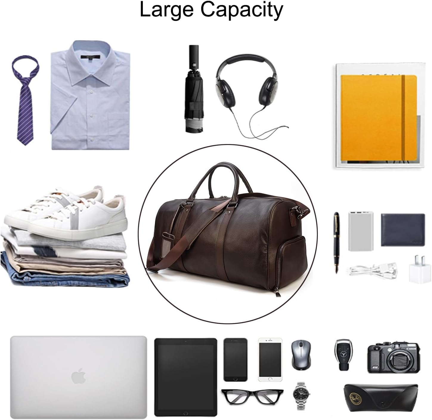 LUUFAN Leather Travel Bag Large Capacity Luggage Duffel Bag with Shoe Compartment, Men Women Weekend Shoulder Bag for Holiday Business Trip, 55Cm-Brown, Retro - 55Cm-Brown image number 2