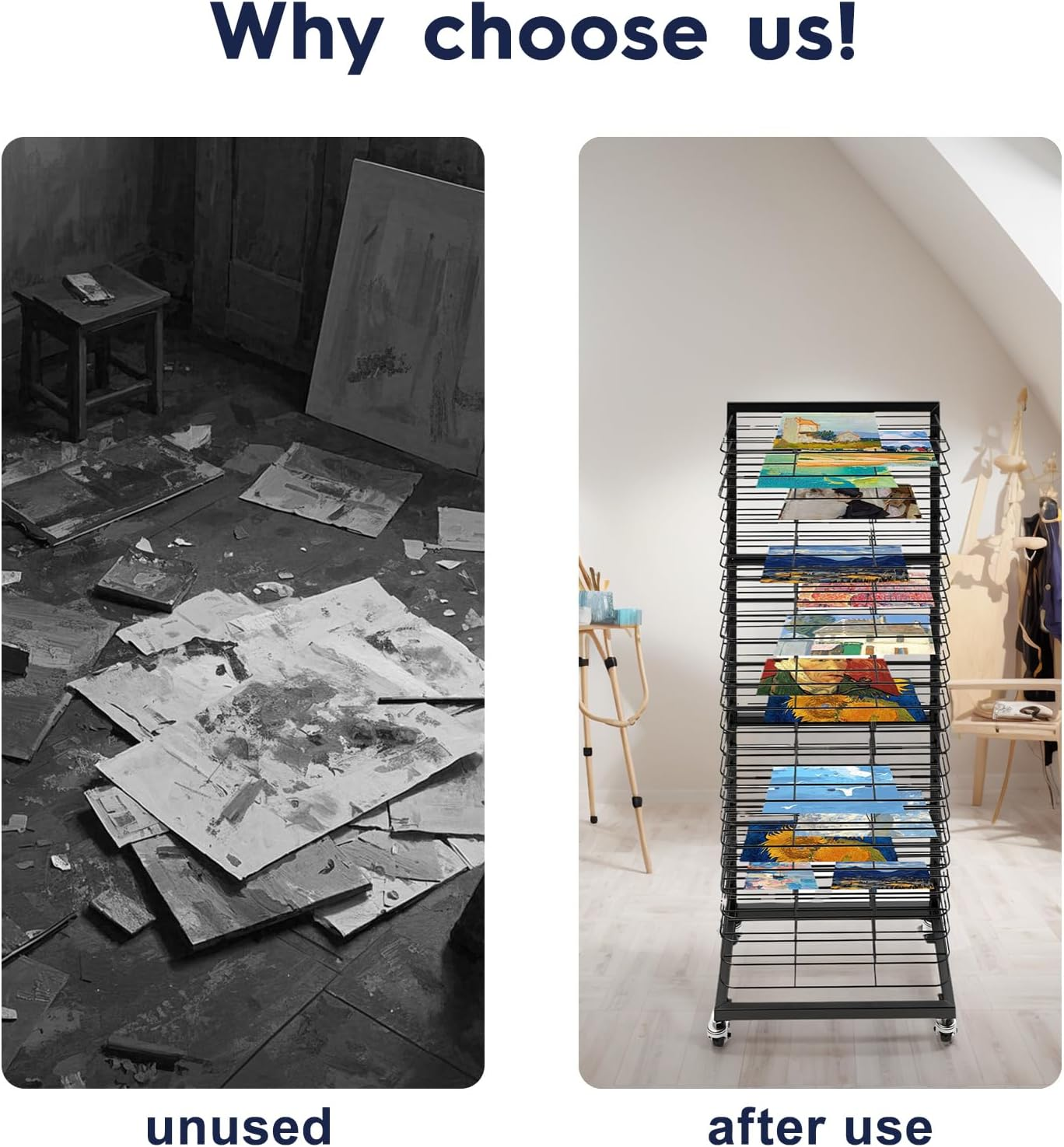 HOOMFIT Portable Art Storage Rack, Removable Shelves Art Rack, 24 Removable Shelves Painting Drying Rack，Art Drying Rack with Lockable Wheels image number 6