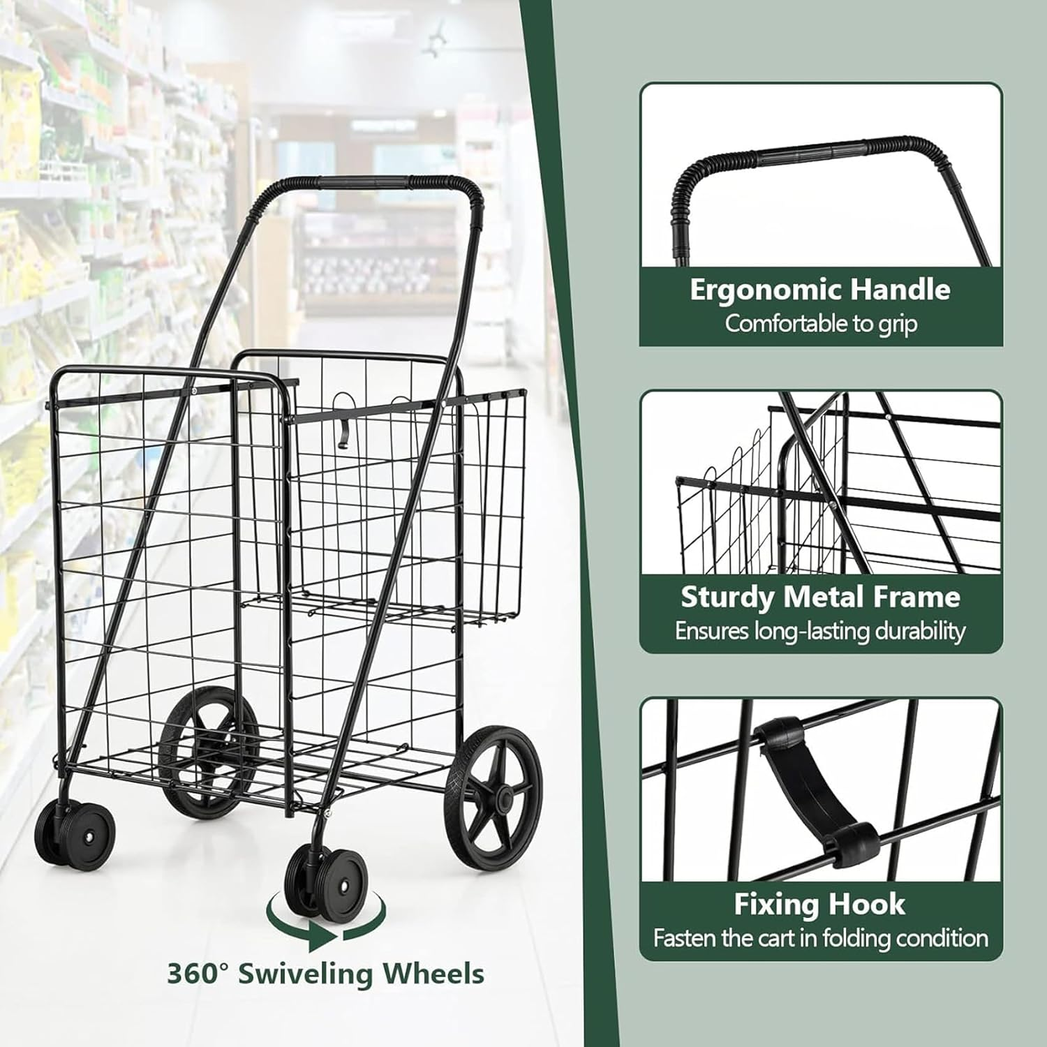 Foldable Shopping Cart with Rolling Swivel Wheels, Heavy Duty Grocery Utility Cart with Double Basket for Groceries Laundry Luggage Travel, 56 * 62 * 102Cm Black 118L