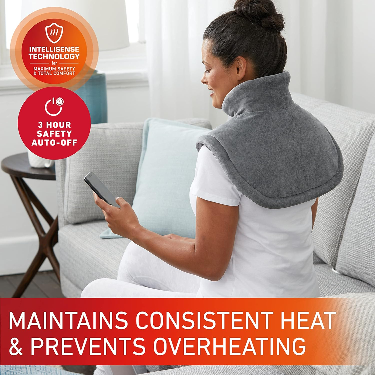 Sunbeam Electric Heating Pad for Shoulders & Neck |35.5X50Cm, Contoured Design, 5 Heat Settings to Soothe Muscles, Fast Heat-Up, Consistent Temperature, Soft Washable Fabric, Wellness Product,Grey (HPN5300) image number 5