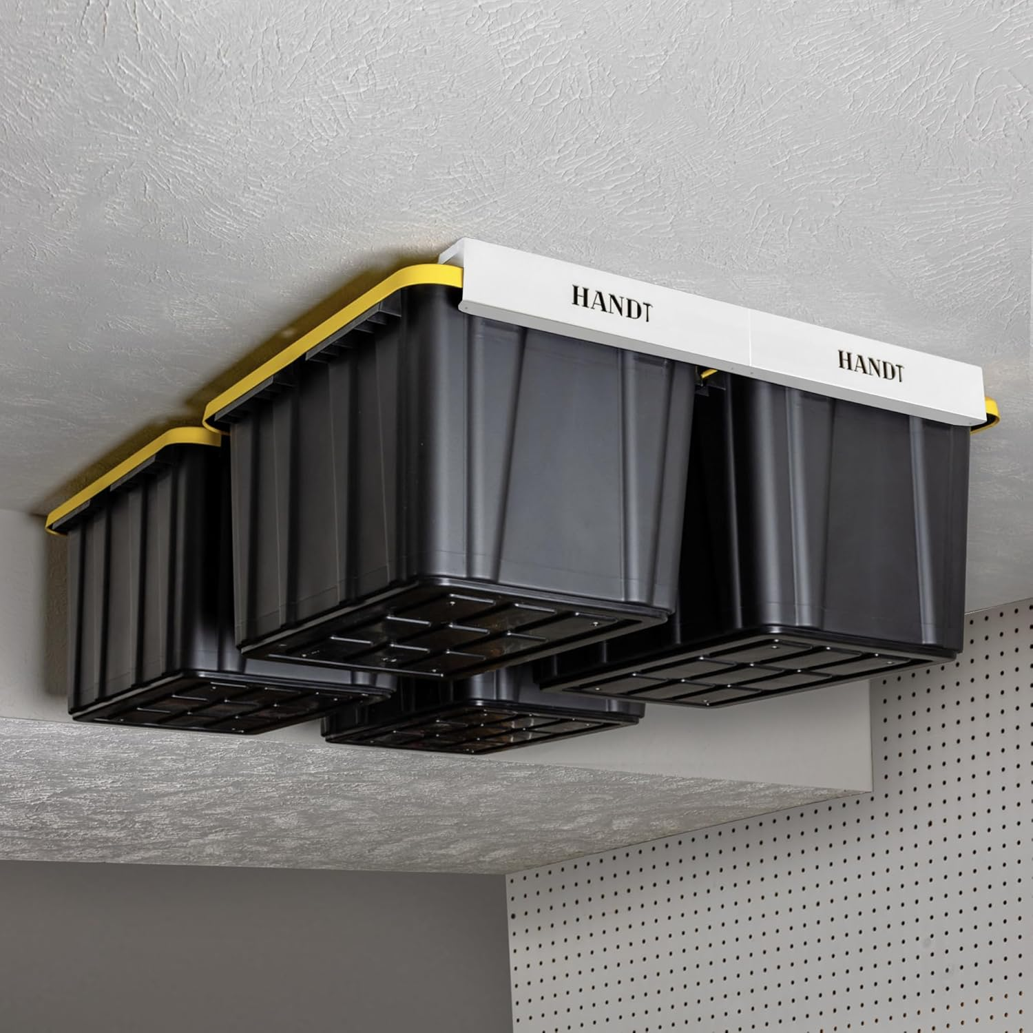 HANDT Overhead Garage Storage Rack, Ceiling Tote Bin Organization Rails Shelving Racks System, Heavy Duty Hanging Metal Rack Systems for 27 Gallon Container, Supports Most Other Bins, 4 Sets White image number 3