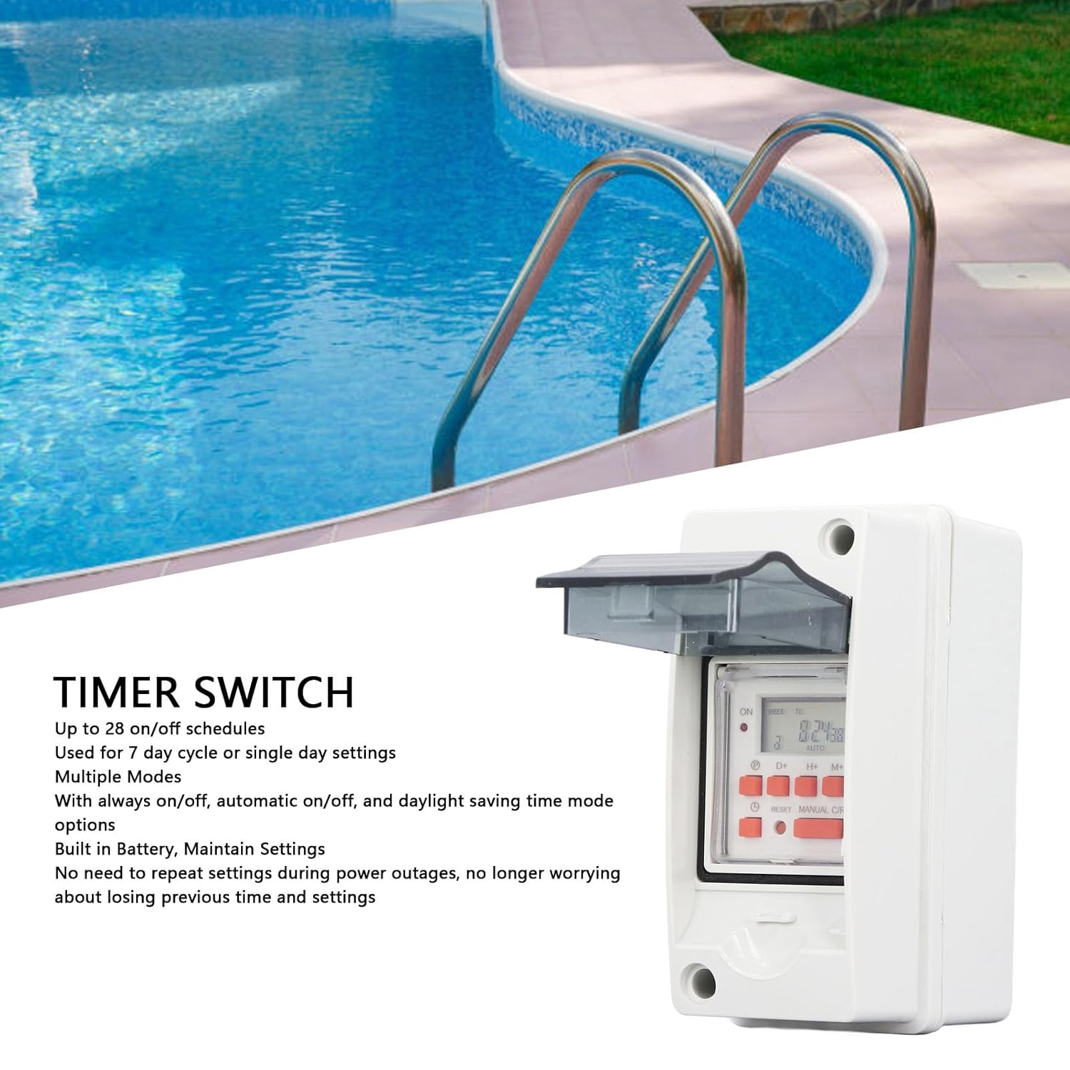 Programmable Digital Timer Switch, 7 Day 28 on off Timer Settings Wall Timer Switch with Waterproof Box, LCD Display Programmable Digital Switch Timer for Indooroutdoor image number 3