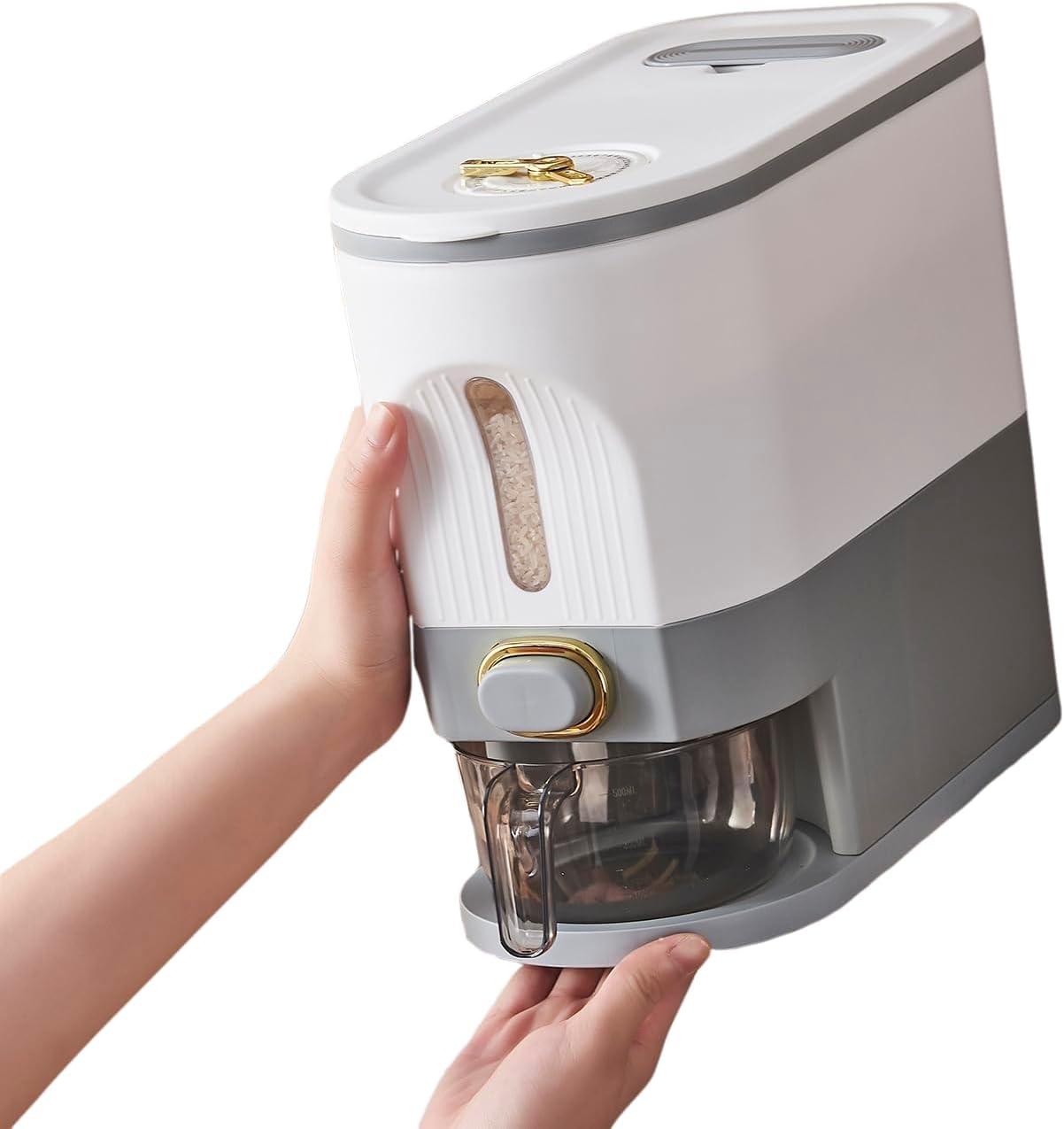 Sooyee 20Lbs Rice Dispenser, Large Grain Container Storage with Lid Measuring Cylinder Moisture Proof Household Cereal Dispenser Bucket for Kitchen Soybean Corn,Clear and White