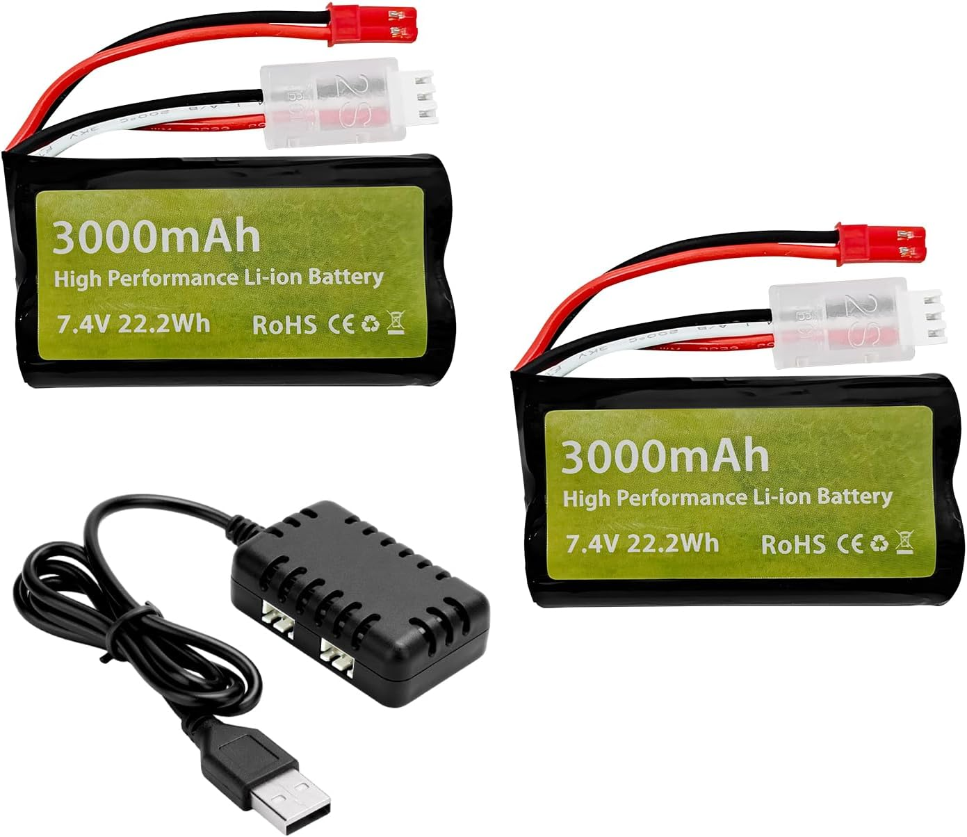 Fytoo 2PCS 7.4V 3000Mah 15C 2S Li Ion Battery with JST-2P Plug and 2In1 Charger for UDIRC UD1601 UD1602 SG1603 RC Car 1/10, 1/12, 1/16 Ratio RC Car Truck RC Ship Drone Engineering Vehicle Battery image number 6