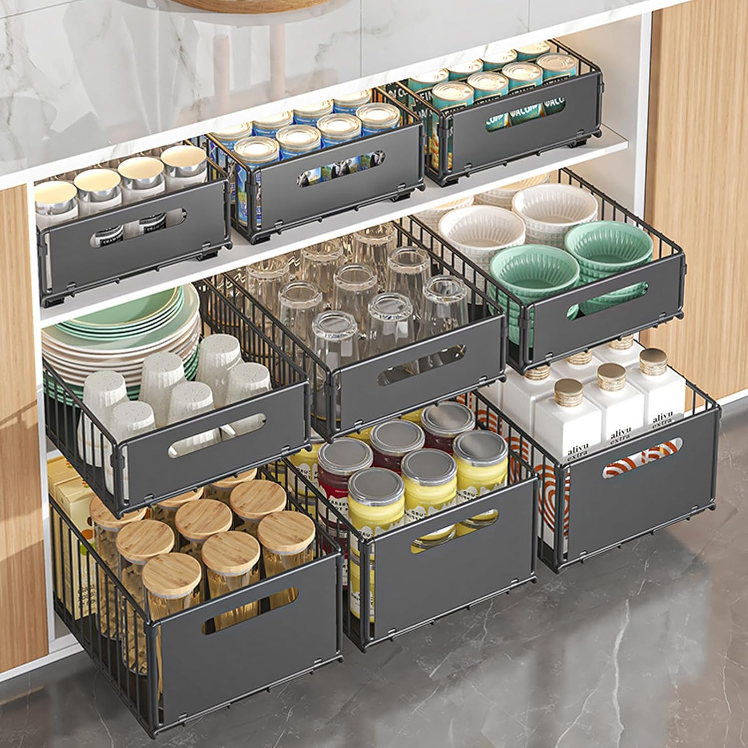 4Pack Foldable Pull Out Cabinet Organizer, Slide Out Cabinet Organizer for Kitchen, Pull Out Drawers for Cabinets, Roll Out Shelf Storage for Kitchen, Pantry, Bathroom (2 Pack Small + 2 Pack Large) image number 4