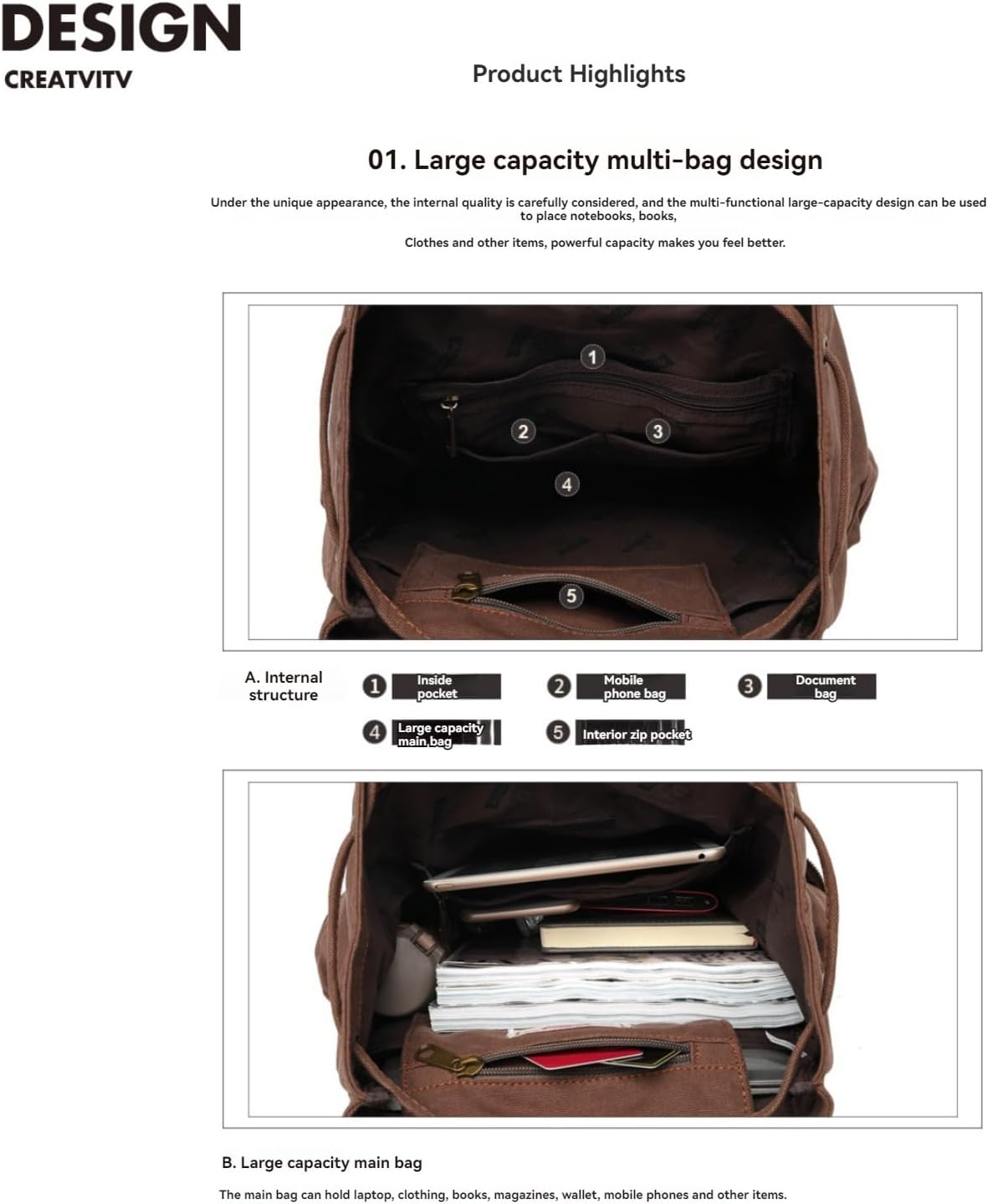 Oimzzr High Ty Canvas Vintage Backpack - for School Travel 12-15" Laptop Backapcks for Men Casual Daypacks Rucksack image number 2