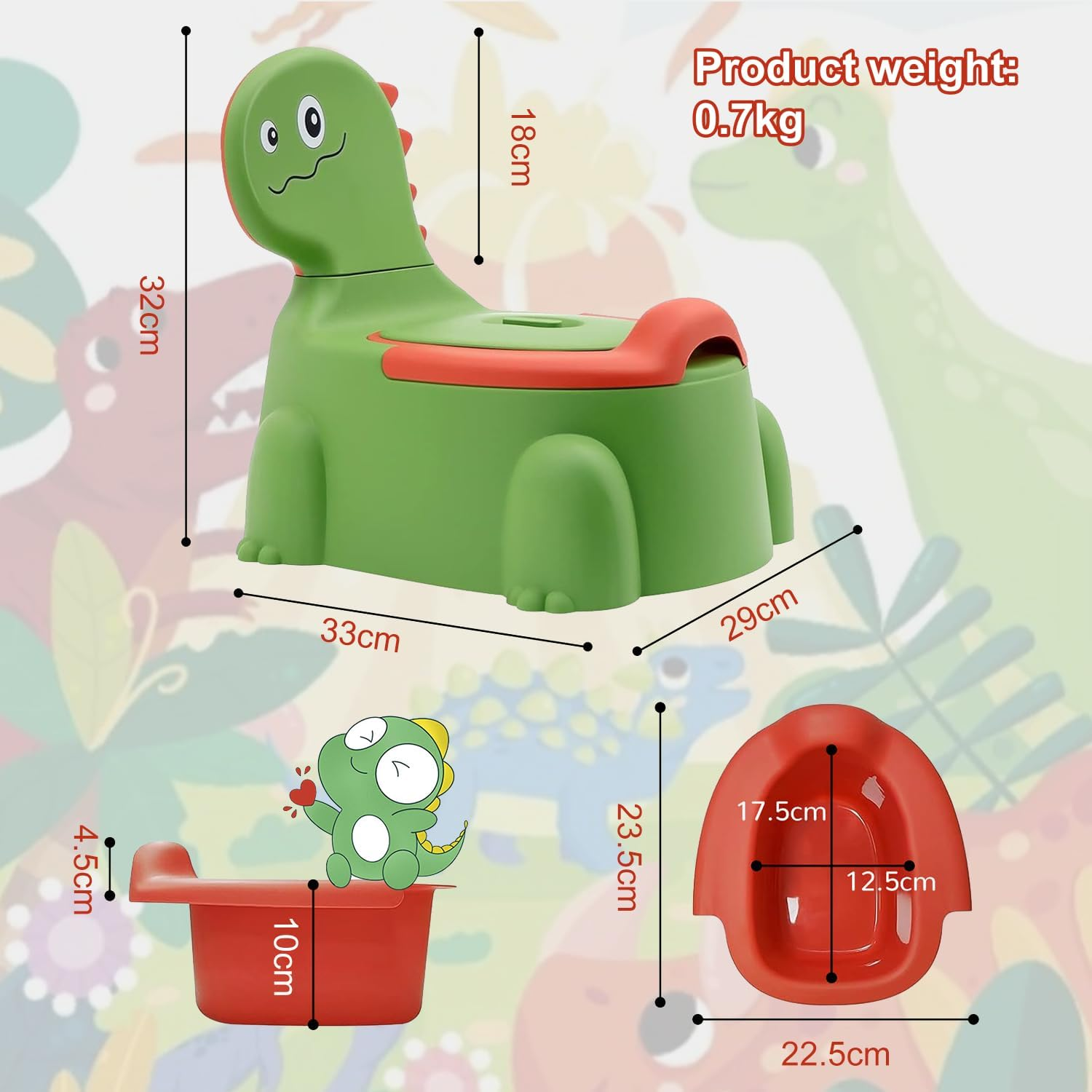 Kaiounni Toddler Potty Seat &ndash; Comfortable Dinosaur Design Toilet Trainer with Non-Slip Mat, Backrest, Soft Lid, and Portable for Boys & Girls Aged 1-6, Safe Potty Training Seat (Green) image number 6