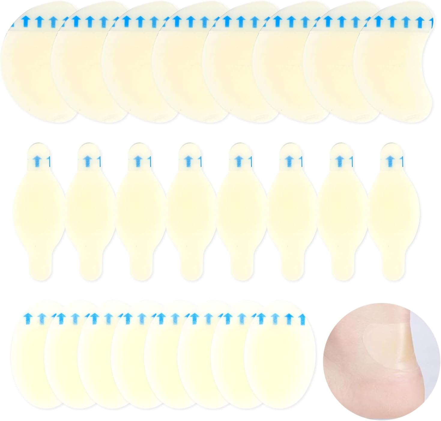 Blister Plasters for Feet, Waterproof Heel Protector for Running, Hiking & Daily Wear - Hydrocolloid Adhesive Bandages to Prevent & Heal Blisters on Toes, Forefoot & Heel (3 Styles, 24 Pcs) image number 5