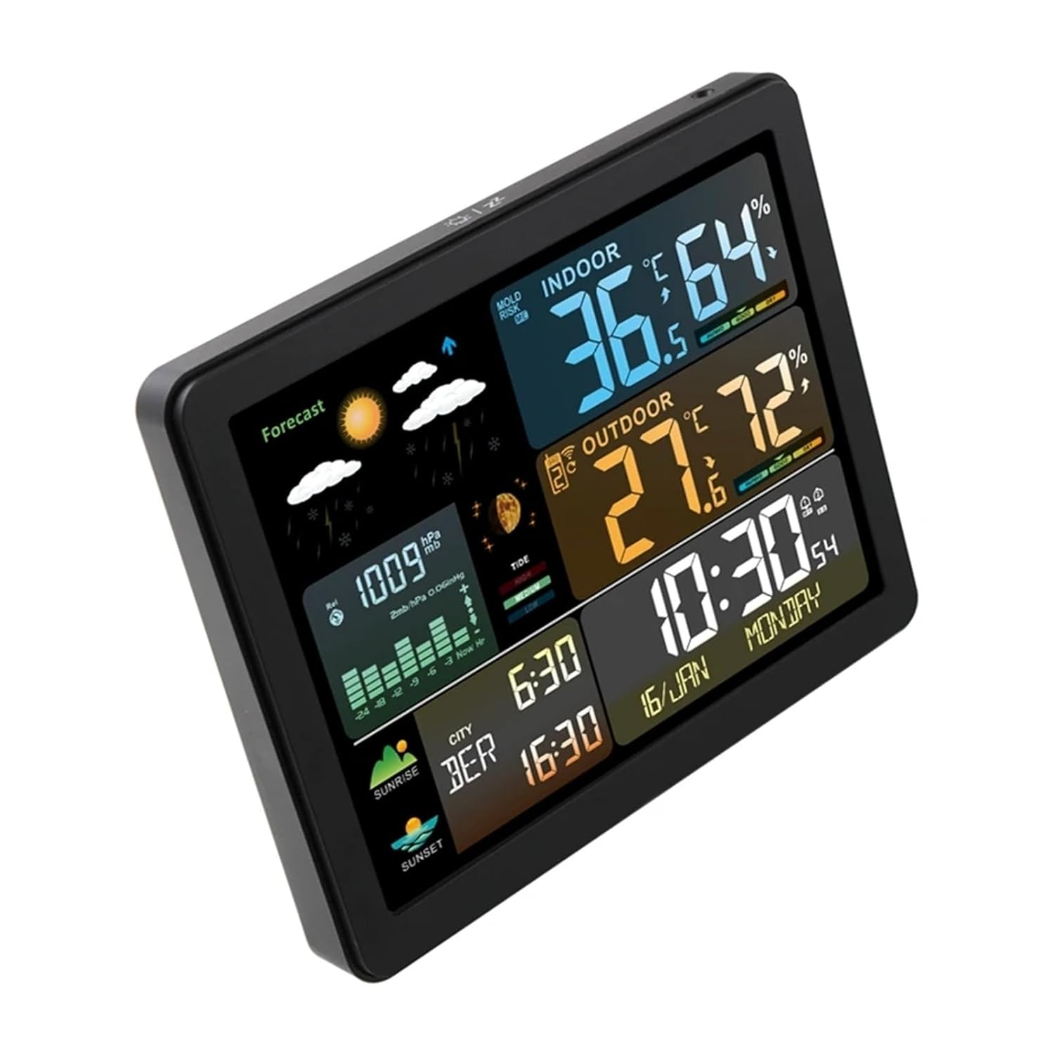 Color Weather Station Wall Dual Alarm Clock Digital Temperature Humidity Mointor Barometer Moon Phase Tide Indicator Sensor -40C image number 4