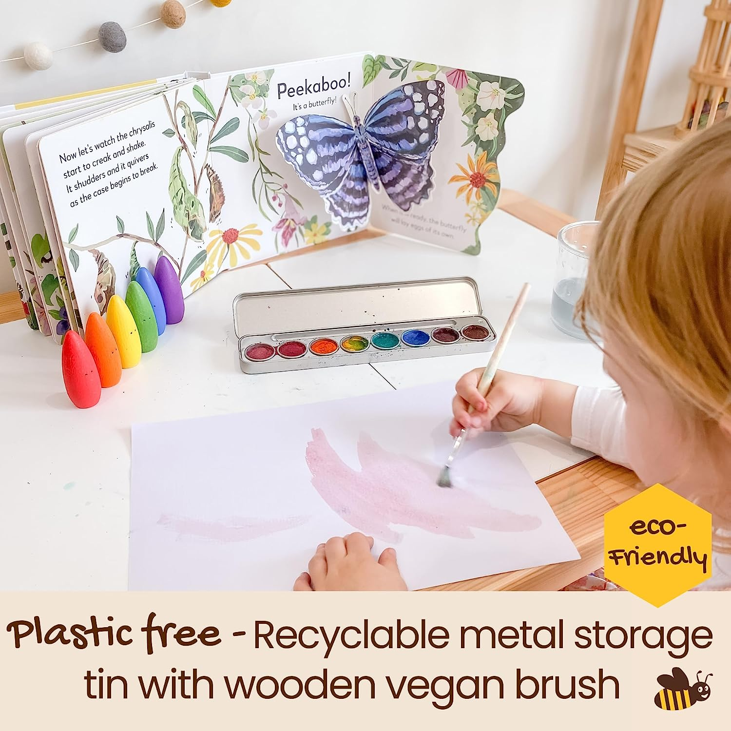 Honeysticks Non Toxic Watercolour Paint Set for Kids and Toddlers - 8 Vibrant Colours with Brush - Natural and Food Grade Ingredients - Child Safe Art Supplies - Great Gift Idea