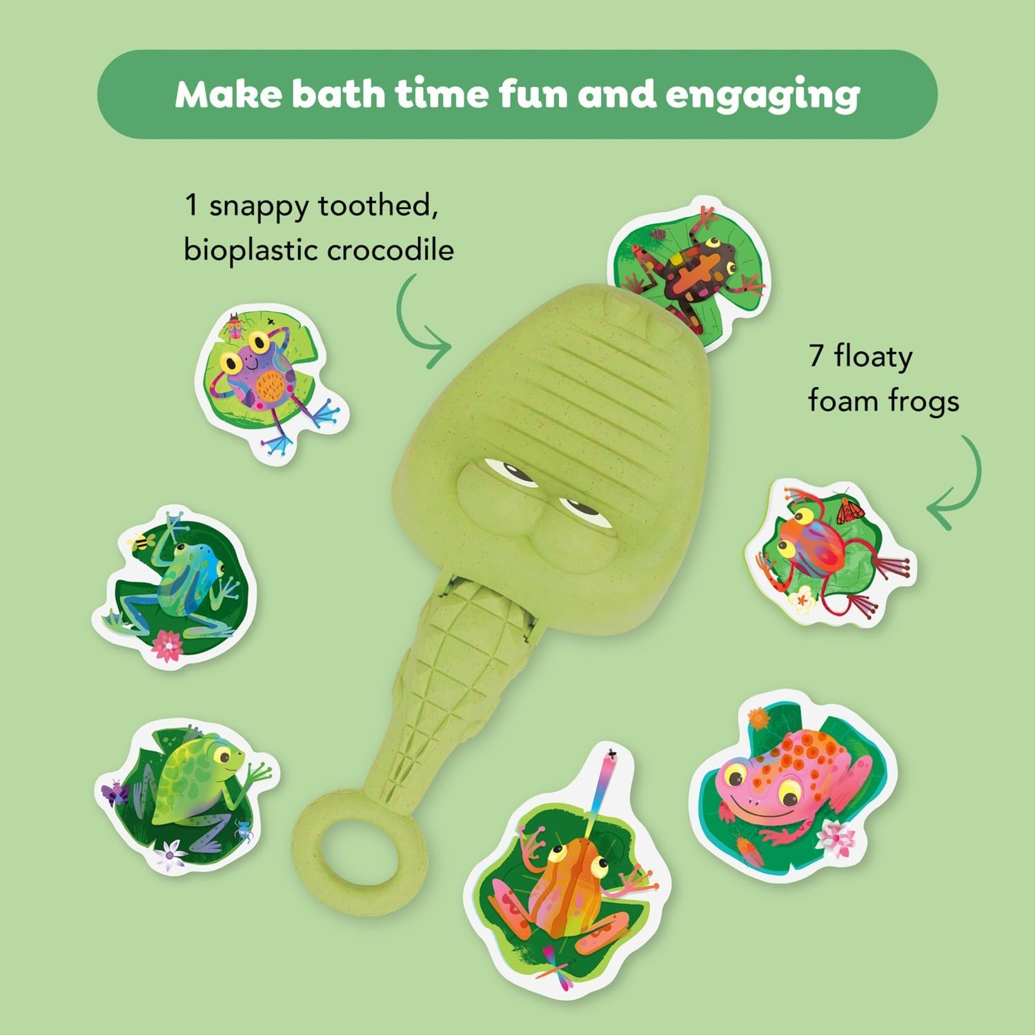 Tiger Tribe: Croc Chasey - Catch a Frog - Fun Bath Toy, Snap-Scoop-Catch Frogs, Frogs Float or Stick to Tiles, ECO Bioplastic, Toddler & Kids Ages 1-3 image number 6