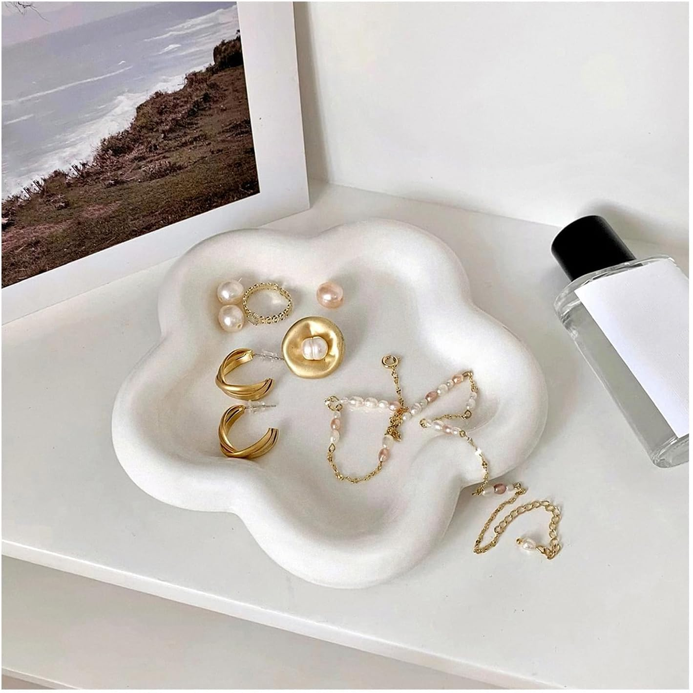 FACAICAI Small Jewelry Dish Tray for Women, Ceramic Jewelry Tray, Ring Dish Holder Jewelry Plate Tray, Cute Cloud Tray Decorative Dish, Perfume Trinket Dish for Ring Earring (White Flower) image number 6