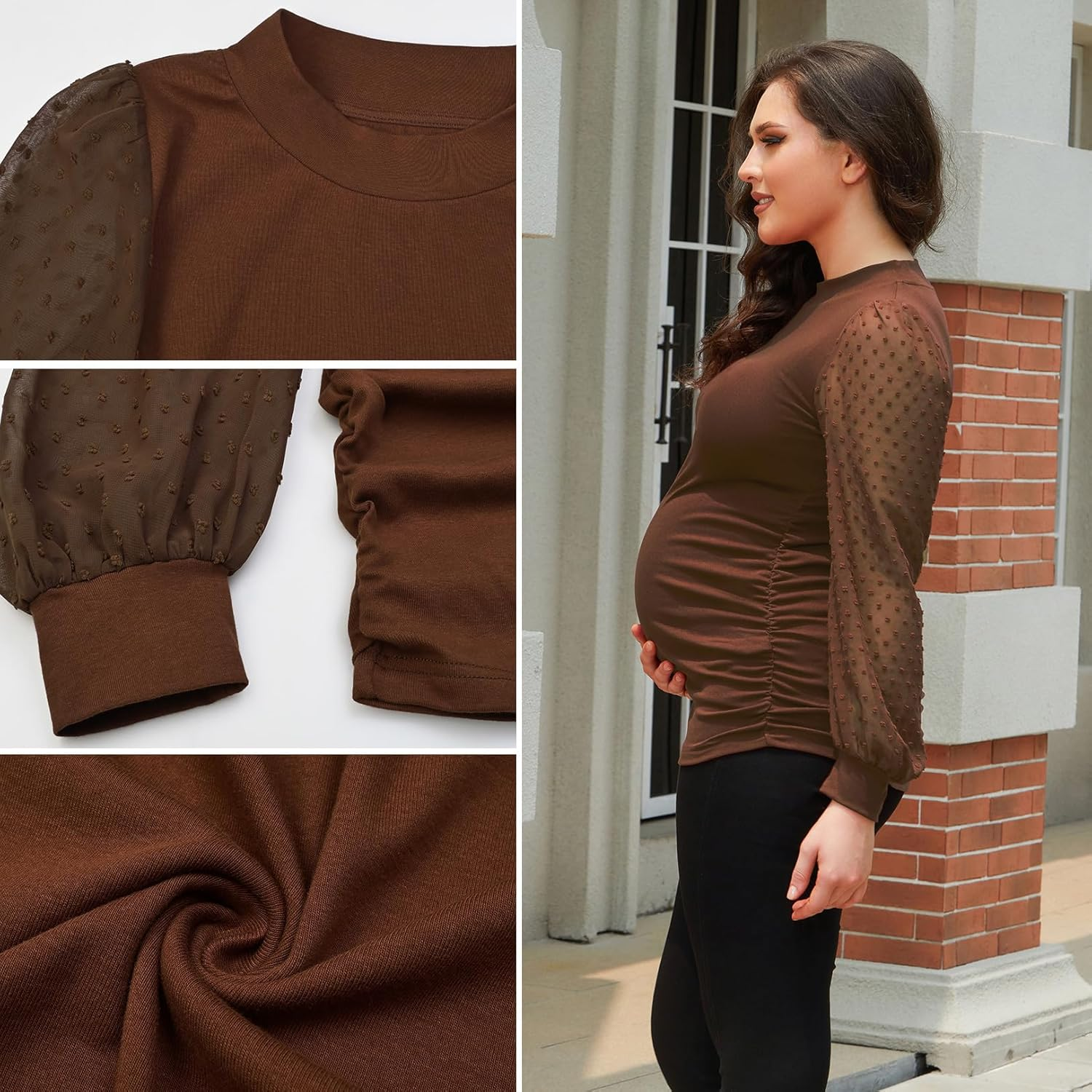 Bhome Mock Neck Maternity Shirt Ribbed Knit Maternity Blouse Mesh Long Sleeve Fitted Pregnant Top image number 3