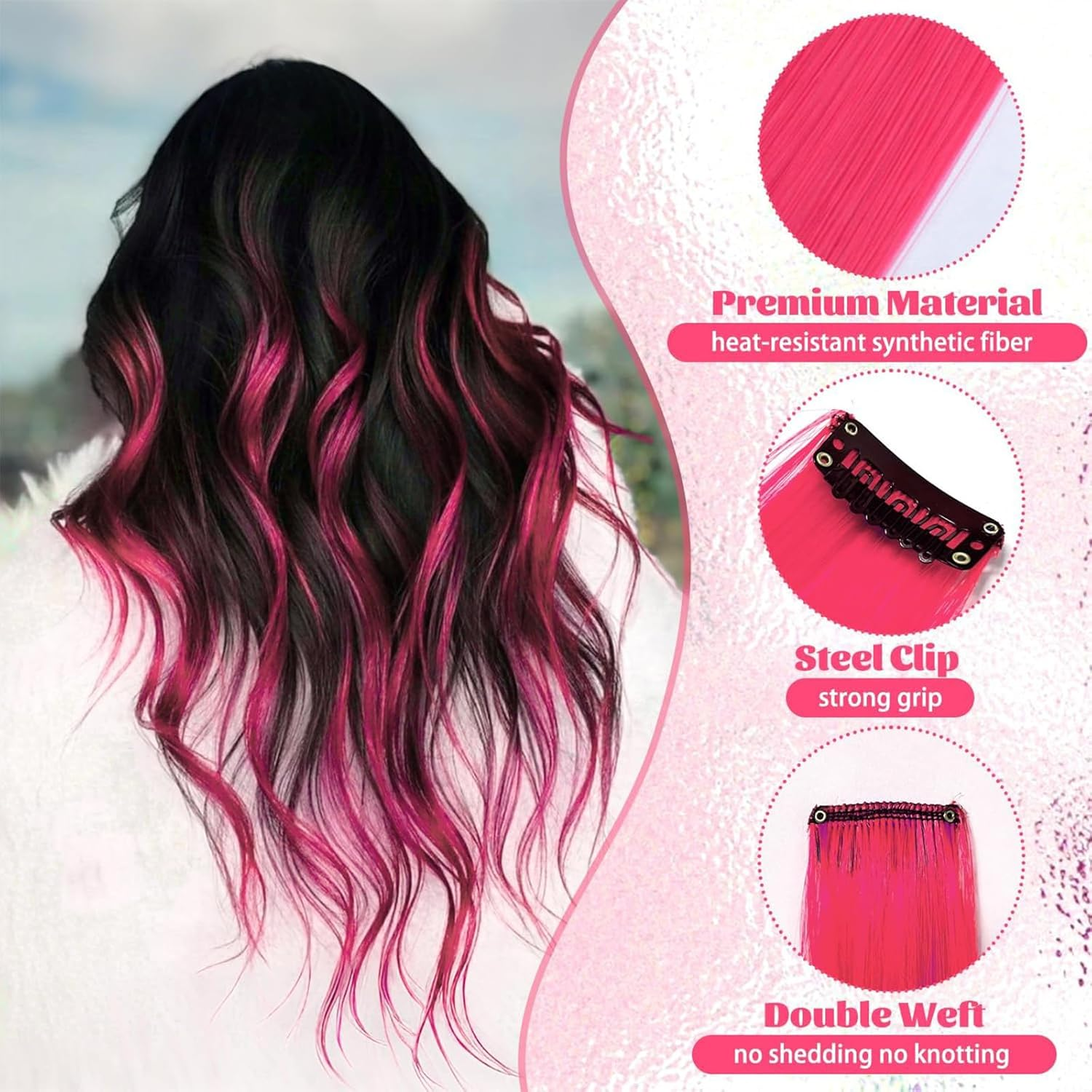 10 PCS Pink Hair Extensions, Clip-In Synthetic Hair Pieces for Women and Girls, Party Highlights, Costume Play Accessories, Straight Long Hair Extensions image number 3