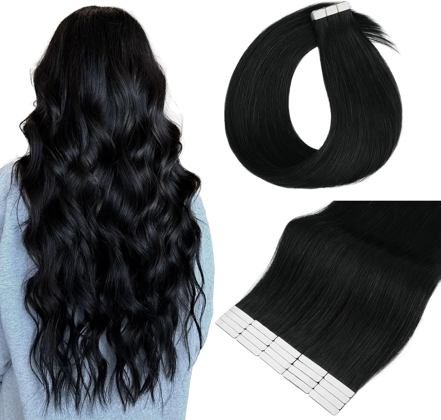 Yuniffe Tape in Hair Extensions Human Hair 40Cm Jet Black Human Hair Extensions Tape Ins 20Pcs 50G Seamless Skin Weft Tape Hair Extensions for Women Semi-Permanent Pre-Taped 16 Inch #1