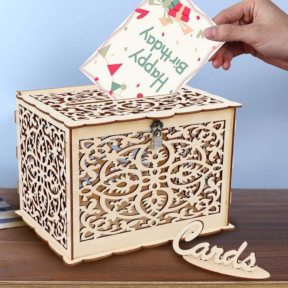 Dylvan Rustic Natural Wood Card Box with Lock, Perfect for Weddings, Baby Showers, Birthdays, Graduations, Holds 225 Cards image number 2