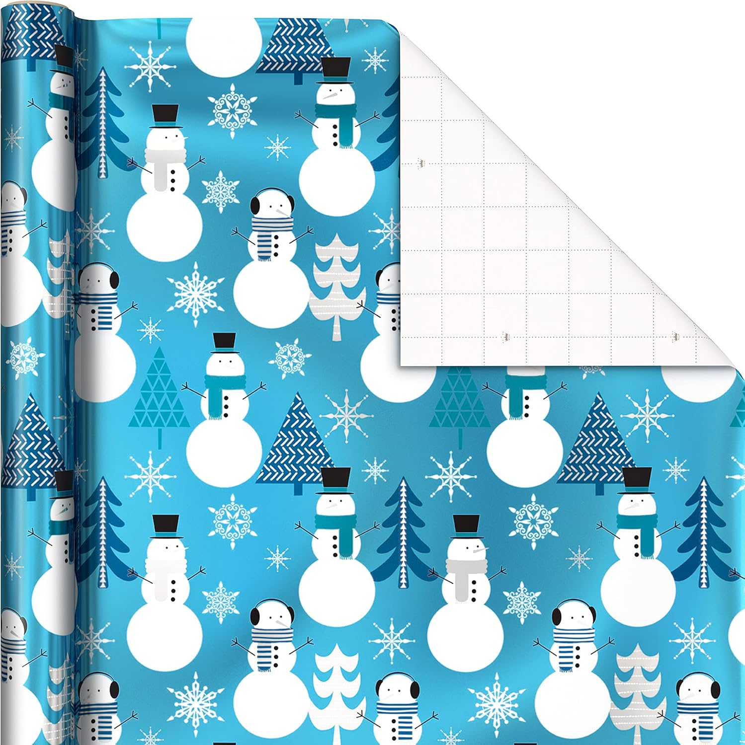 Hallmark Blue Foil Christmas Wrapping Paper with Cut Lines on Reverse (3 Rolls: 60 Sq. Ft. TTL) Snowmen, Snowflakes, Christmas Trees image number 1
