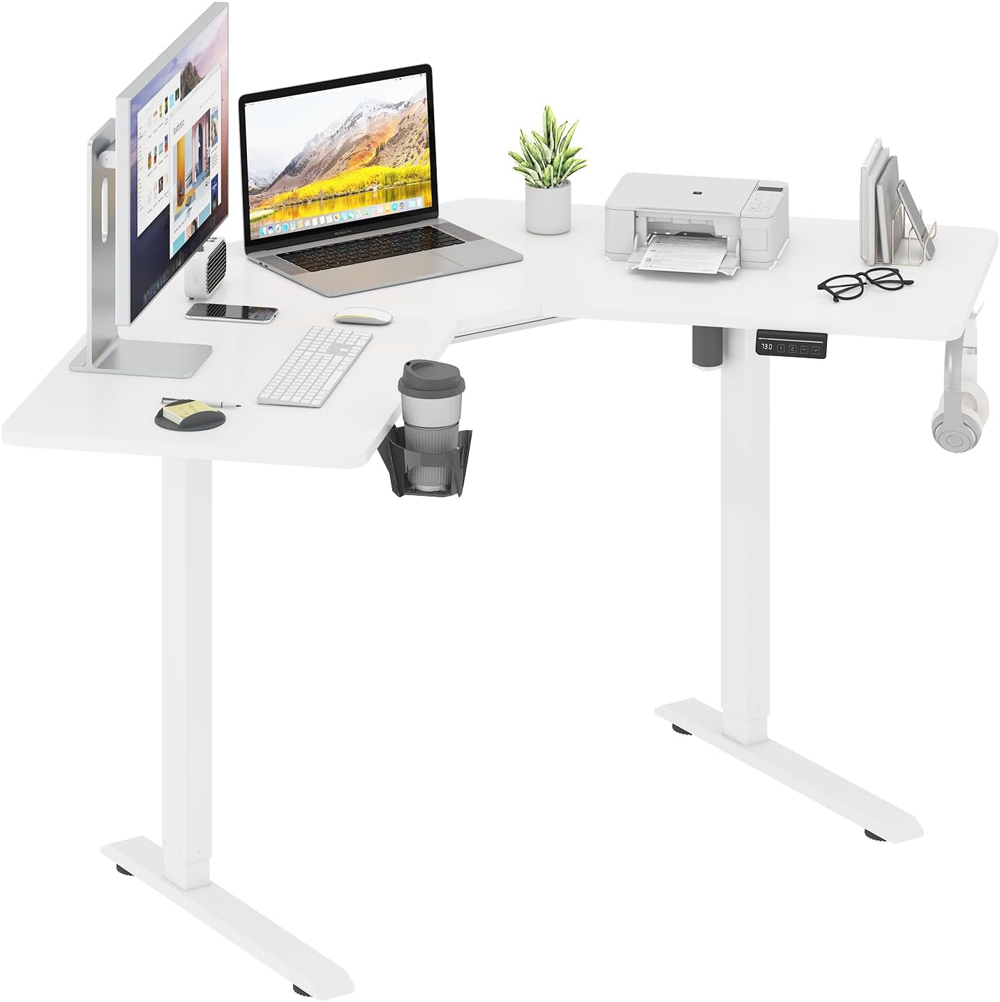 Ufurniture L-Shaped Corner Standing Desk,Electric Height Adjustable Stand up Table with 2 Memory Preset Options, Motorised Computer Office Sturdy Workstation with Splice Board,120X 50Cm White image number 2