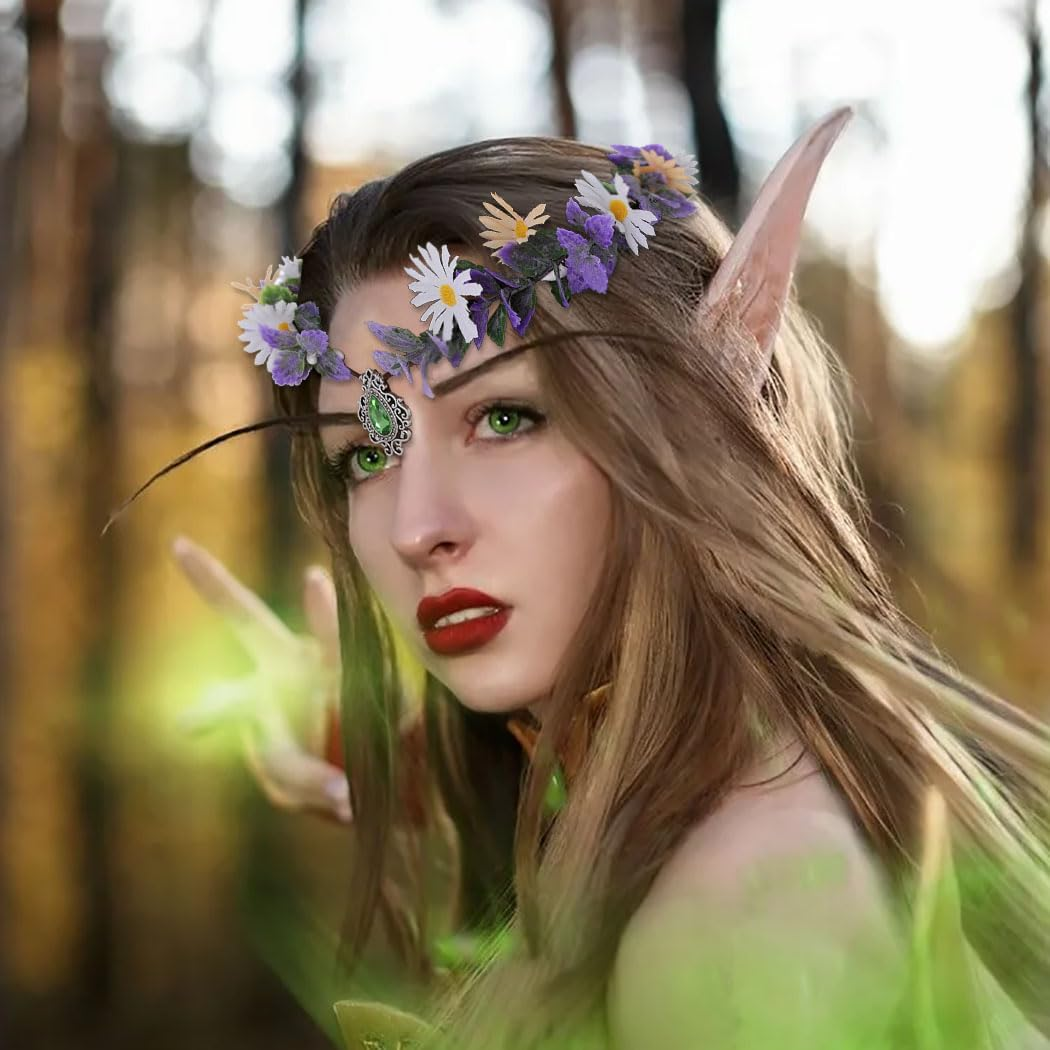 IYOU Elf Fairy Flower Crown Purple Floral Headband Crystal Leaf Headpieces Beach Wedding Hair Accessories for Women and Girls image number 2