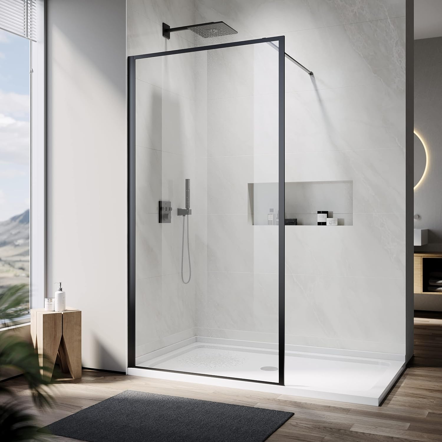 ELEGANT 1100 X 2000Mm Black Grid Painted Stain Walkin Shower Door, Shower Screen Wet Room Reversible 8Mm Safety Glass Shower Panel Frame Shower Cubicle for Bath