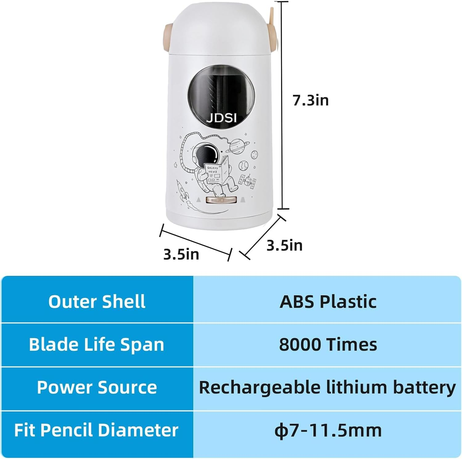 JDSI Lectric Pencil Sharpener Fully Automatic,Auto in & Out, Rechargeable Hands-Free Pencil Sharpener for 7-11.5Mm Jumbo Pencils, Adjustable Pencil Nibs (Whie) - Whie image number 3