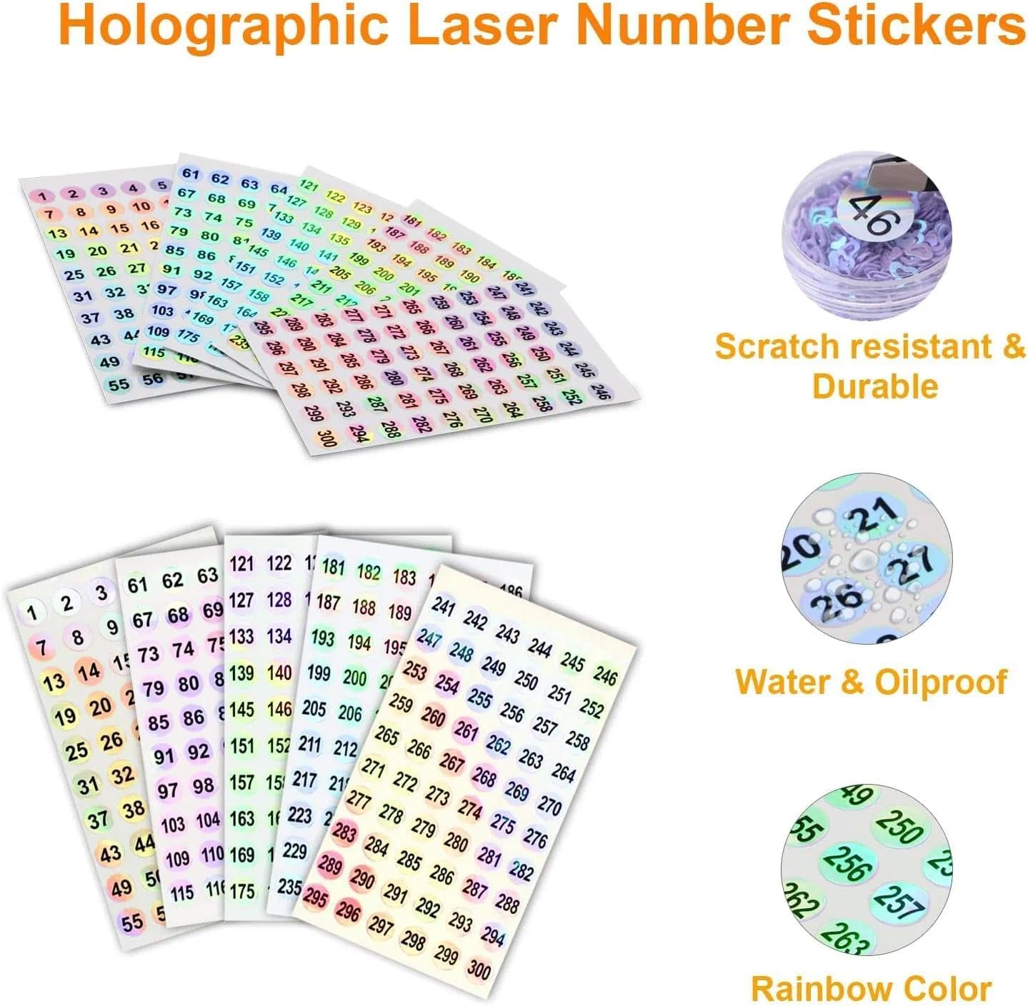 Small Number Stickers 1-300 for Nail Polish Organizing, Waterproof Holographic Labels for Salon Organization, Self-Adhesive and Easy to Remove - Povtor image number 3