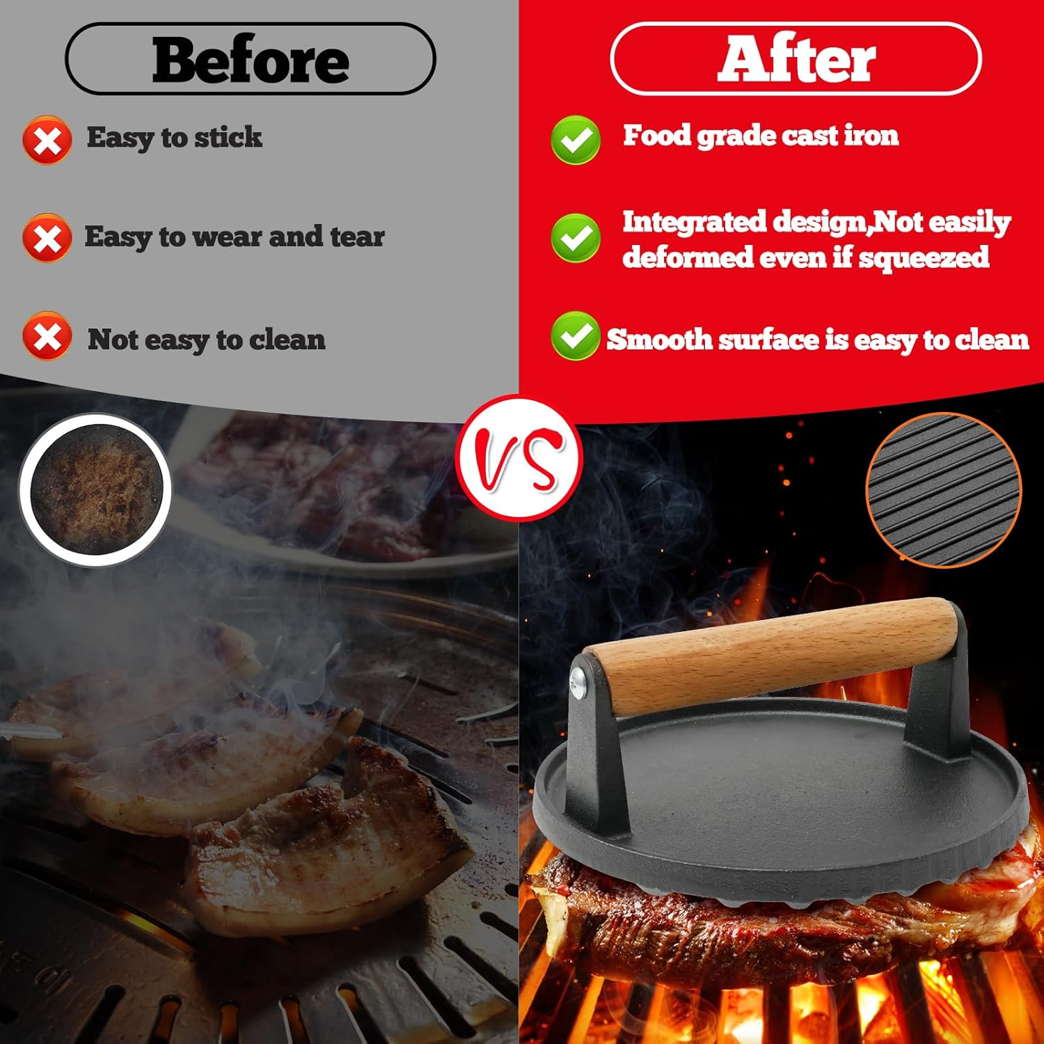 Premium Cast Iron Burger Press, Heavy Duty Hamburger Press W/Heat Resistant Handle, Perfect Burger Press, Meat Press, Bacon Press, for Griddle, Meat Press, BBQ Grilling Accessories