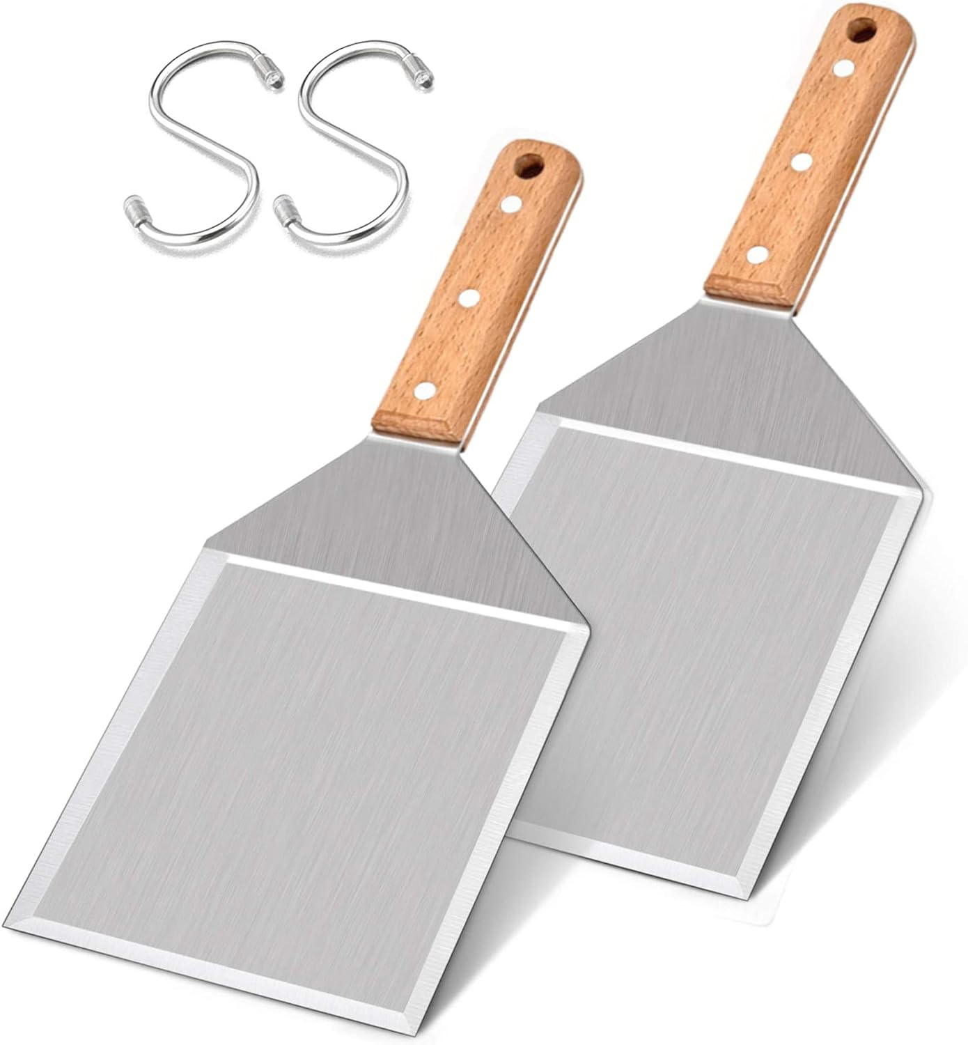 Leonyo Metal Spatula Set of 2, Stainless Steel Griddle Hamburger Spatula, as Barbecue Turner Grilling BBQ Griddle Accessories, Triple Rivets & 2 X S Hook, Heavy Duty & Easy Press, Smash Burgers
