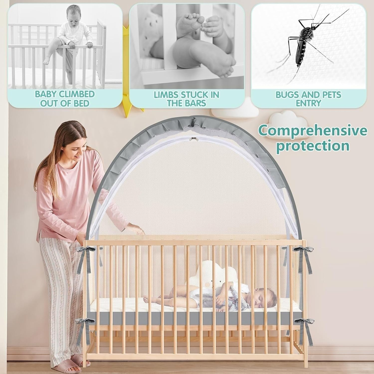 Safety Pop up Crib Tent, Fine Mesh Netting Cover to Keep Baby from Climbing Out, Falls and Mosquito Bites, Safety Net, Canopy Netting Cover - Sturdy & Stylish Infant Crib Topper, Baby Bed Tent(Grey La image number 4