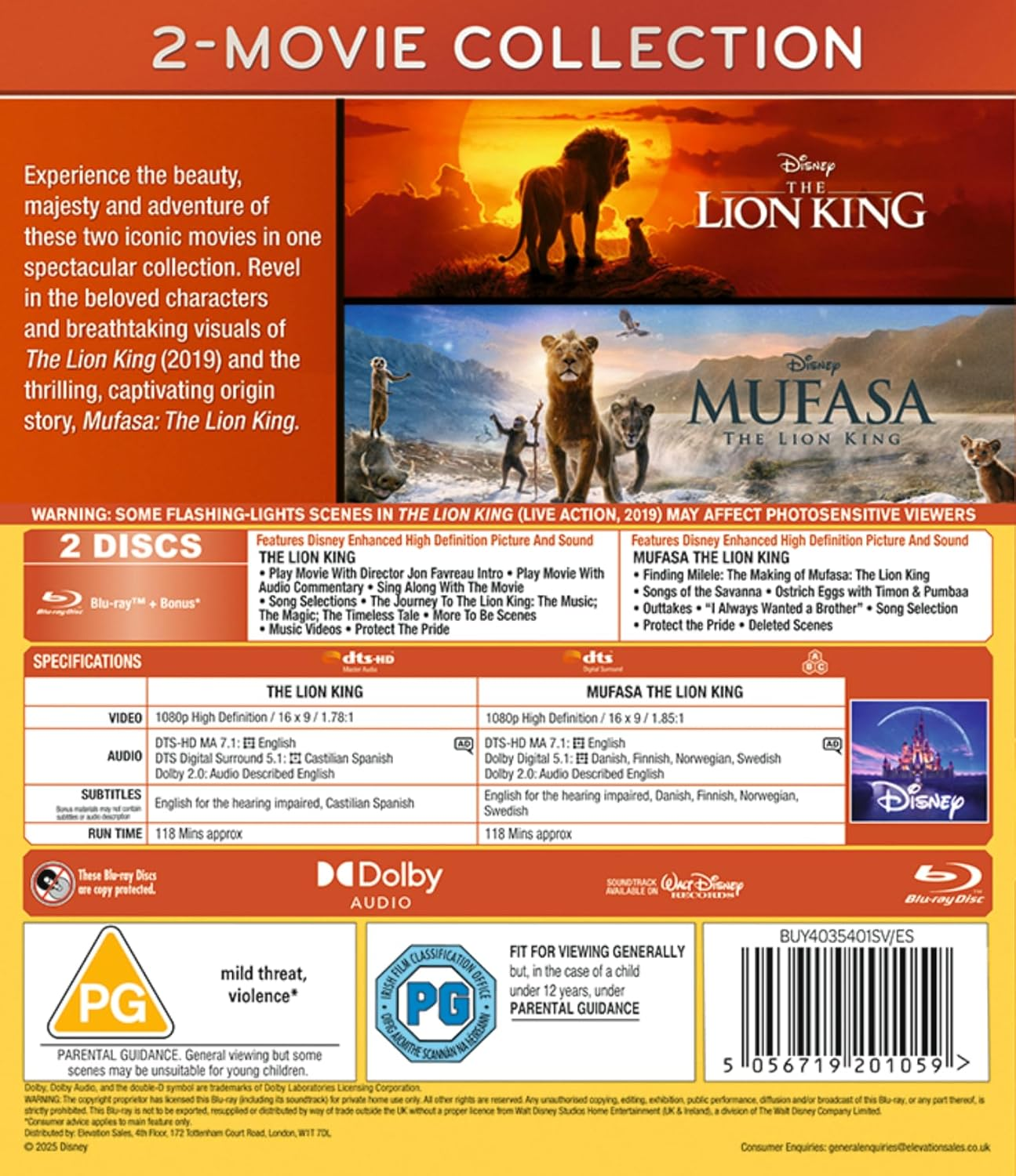 Disney'S Mufasa: the Lion King/The Lion King Double Pack (Live Action) [Blu-Ray] image number 1