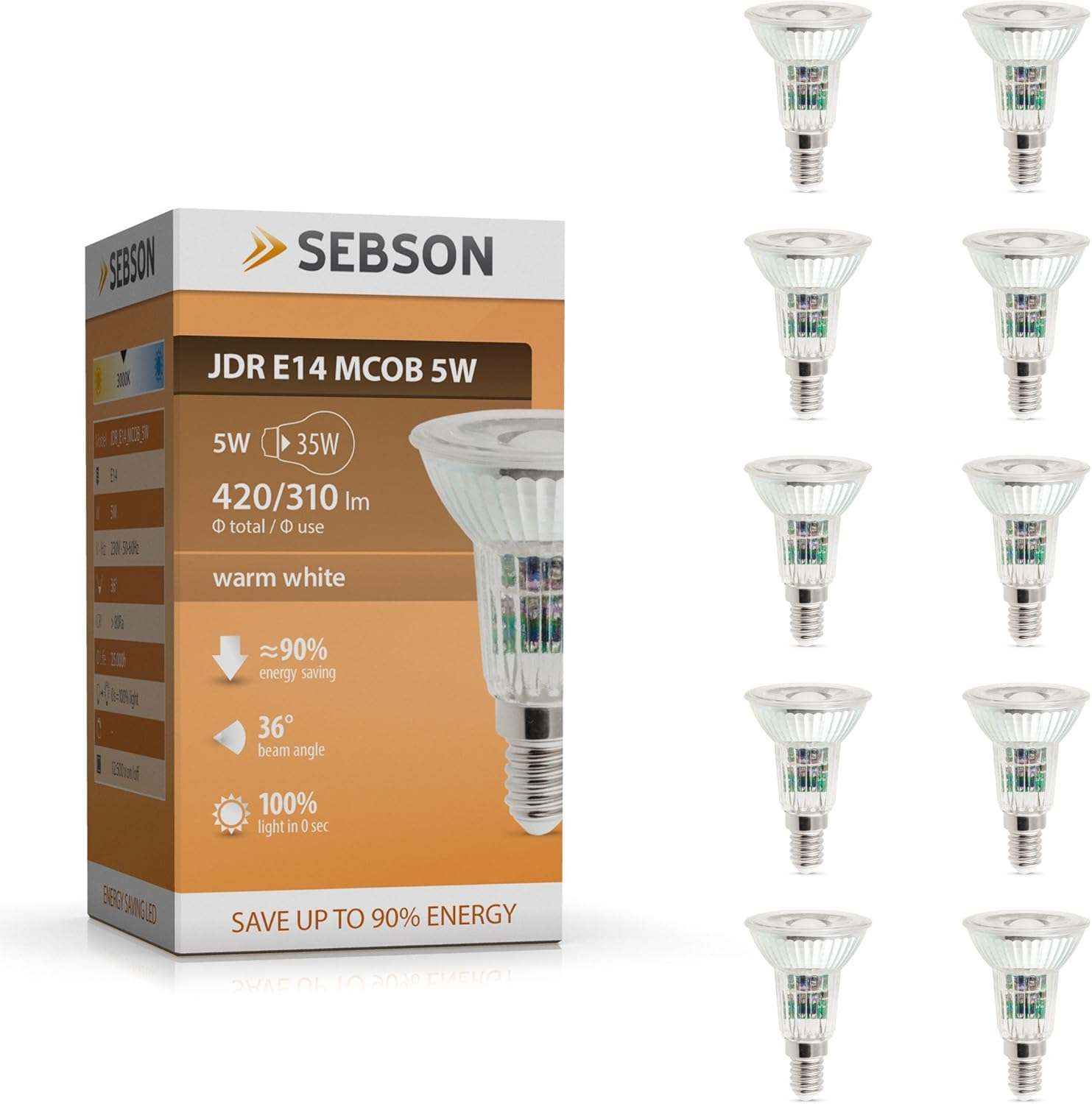SEBSON LED Bulb E14 5 W Warm White Replaces 50 W Halogen Bulb 420 Lumen COB LED Spot 46&deg; 230 V Pack of 10 image number 1