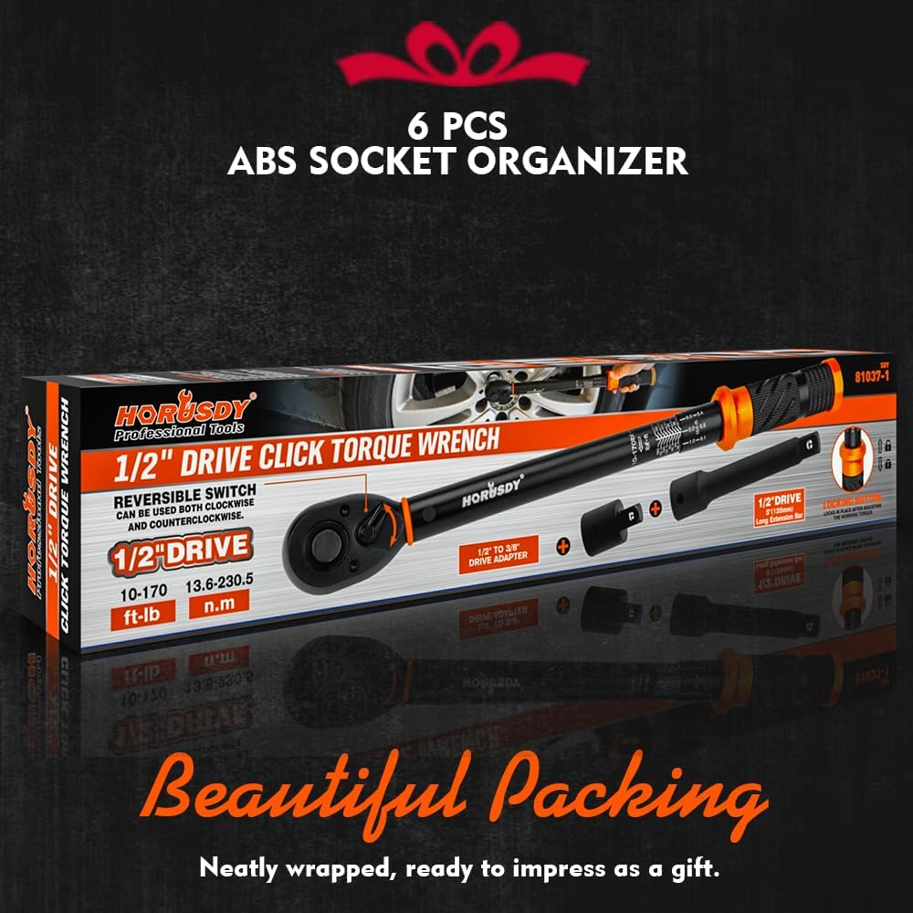 HORUSDY 1/2" Drive Click Torque Wrench Set, 13.6&ndash;230.5 Nm / 10&ndash;170 Ft-Lb, Dual Scale, &plusmn;3% Accuracy, Reversible Ratchet with Extension Bar & Adapter &ndash; Heavy Duty for Automotive & Mechanical Use image number 5