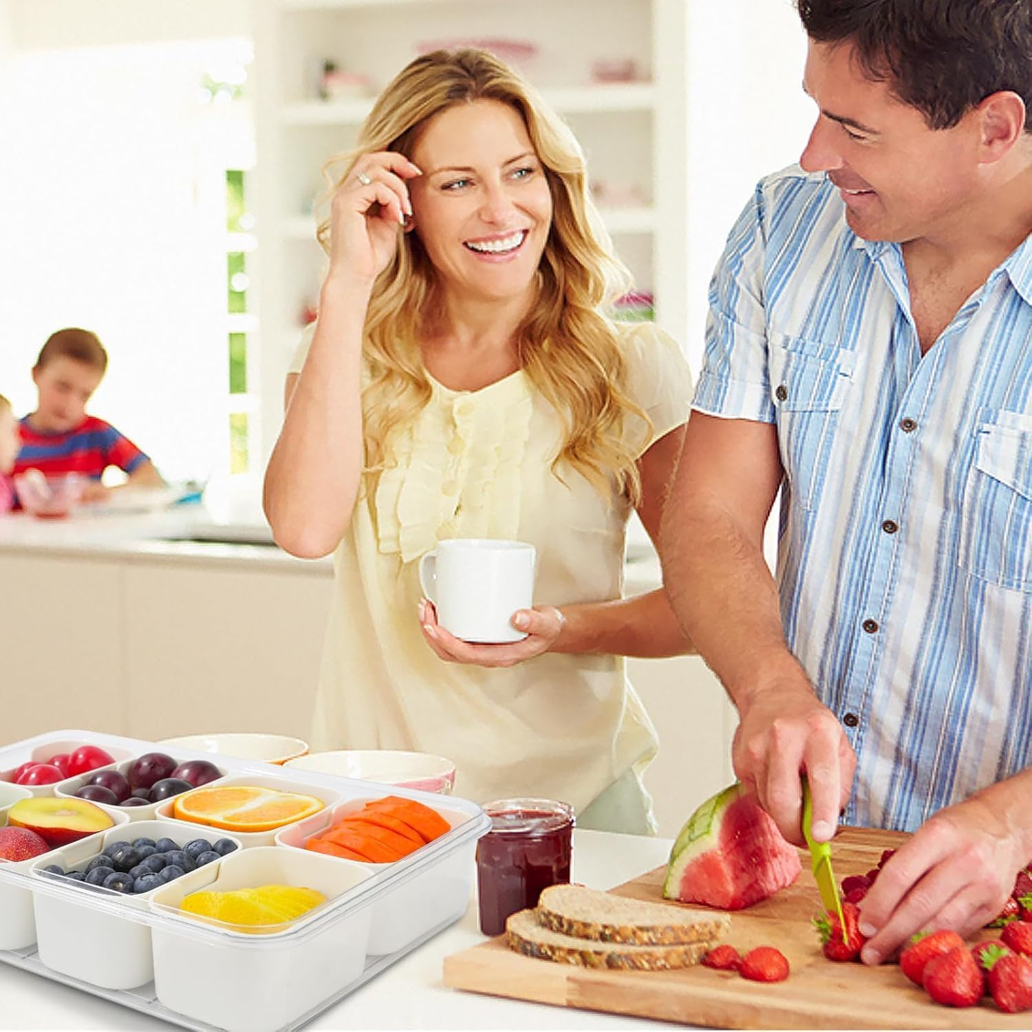 2 Pack Divided Serving Tray with Lid and Handle - Divided Snack Tray for Portable Snack Platters - Clear Organizer for Candy, Fruits, Nuts, Snacks - Perfect for Party, Entertaining (2 Pack) image number 3