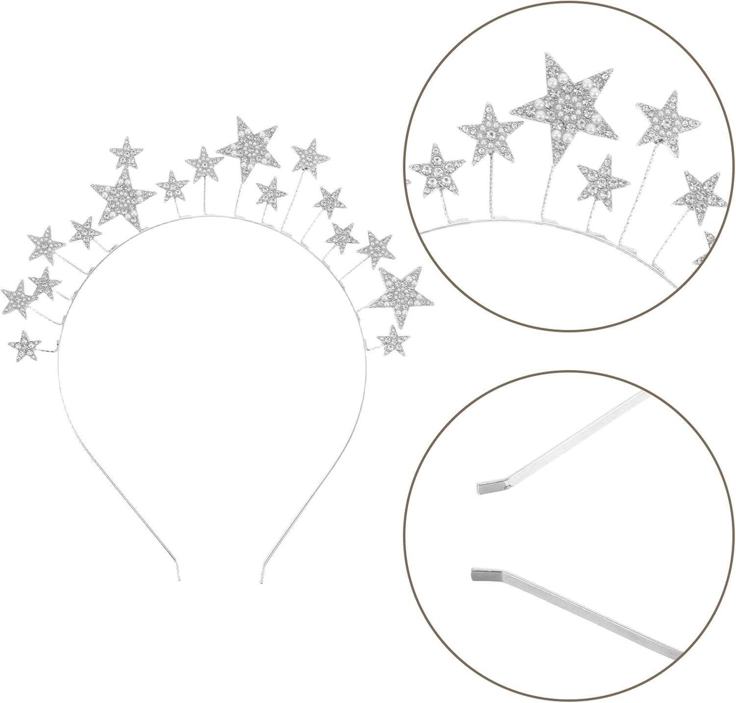 LOGOFUN 3Pcs Sparkling Rhinestone Five-Point Star Headband Silver Zinc Alloy Single Welded for Women Party Wedding Celebrations