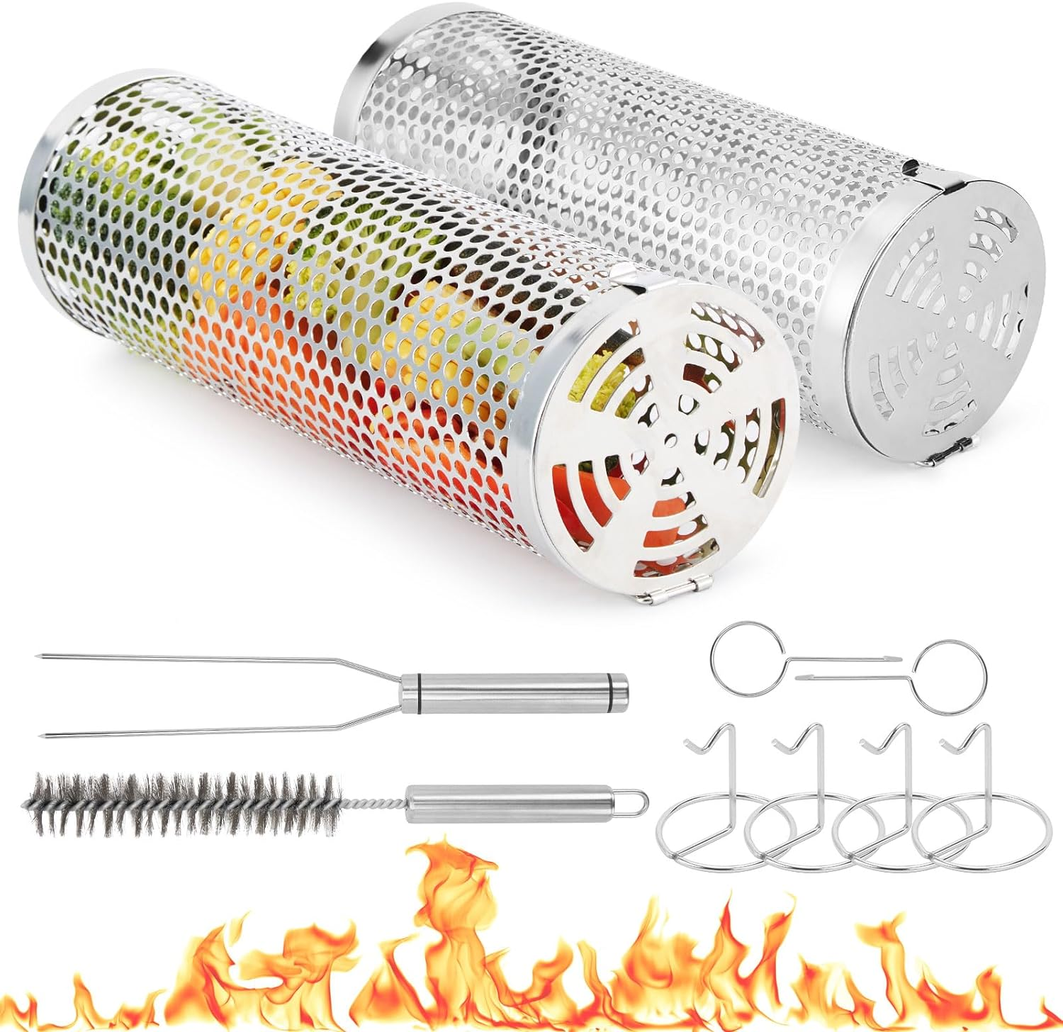 IMAGE Grill Basket, round Hole Rolling Grilling Baskets for Outdoor Grill Portable Grill Nets Cylinder with Reinforced Locking Clasp, 2-Pack 12 in Stainless Steel Grill Mesh Barbeque Grill Accessories image number 2