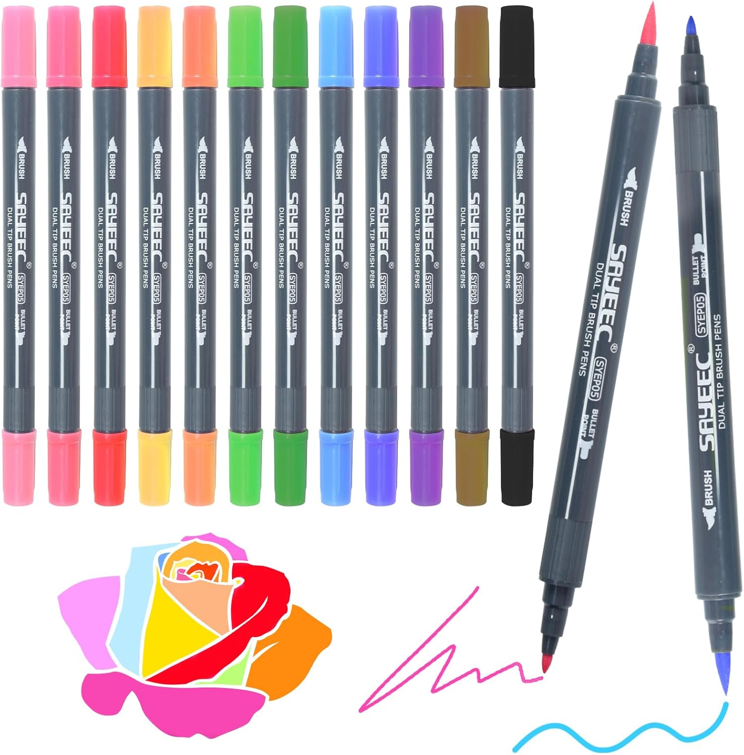 SAYEEC Watercolor Dual Brush Pens 24 Colors Art Coloring Markers Fine and Brush Tip Drawing Pens Artist Colored Markers for Adult Coloring Books Doodling Bullet Journaling Hand Lettering Calligraphy