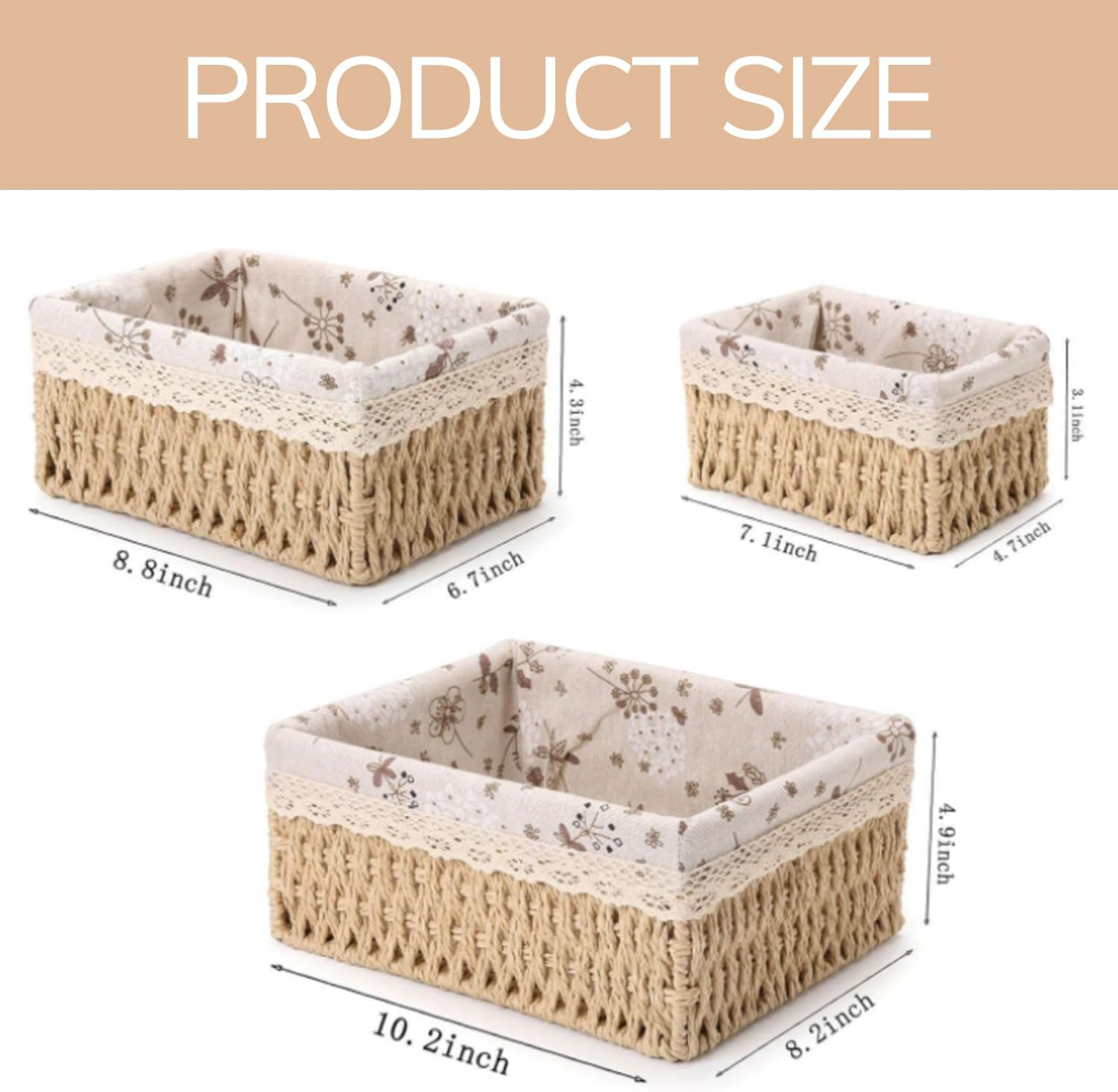 Uandhome Storage Basket Set,3 Pcs Wicker Baskets with Removable Liner for Organizing Storage Baskets for Shelves Woven Basket Decorative Basket Rectangle Basket (Square) image number 5