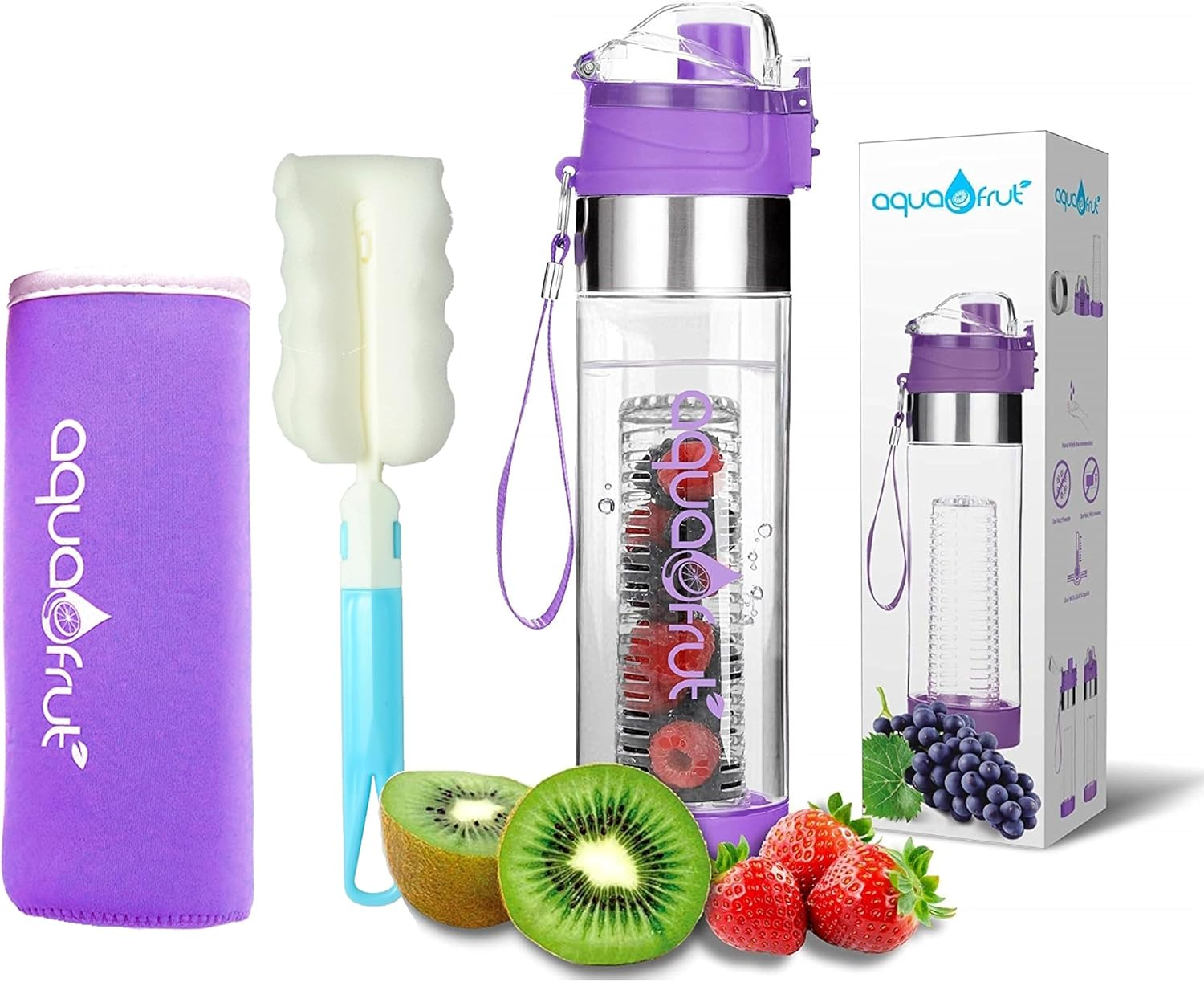 Bottom Loading Fruit Infuser Water Bottle (Oneclick Open Lid) - BPA Free Tritan Plastic - Leak Proof - 24Oz - Infusion Recipe Ebook Included