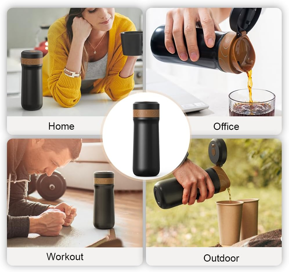 Domary French Press Coffee Maker for Travel 2-Layer Filter Mesh Double Walled Stainless Steel Vacuum Insulated Coffee Maker Cup for Coffee Tea Portable French Press Mug for Travel Office image number 6