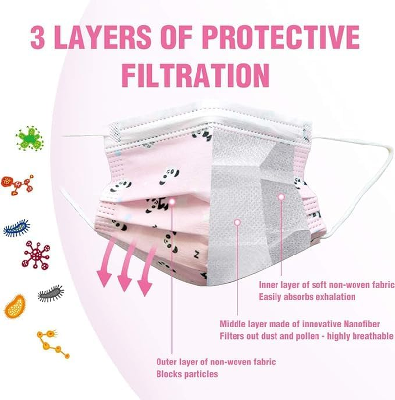Kids Disposable Face Masks, 50 Pack, 3-Ply Pink Panda Design, Soft Earloops, Children'S Size image number 1