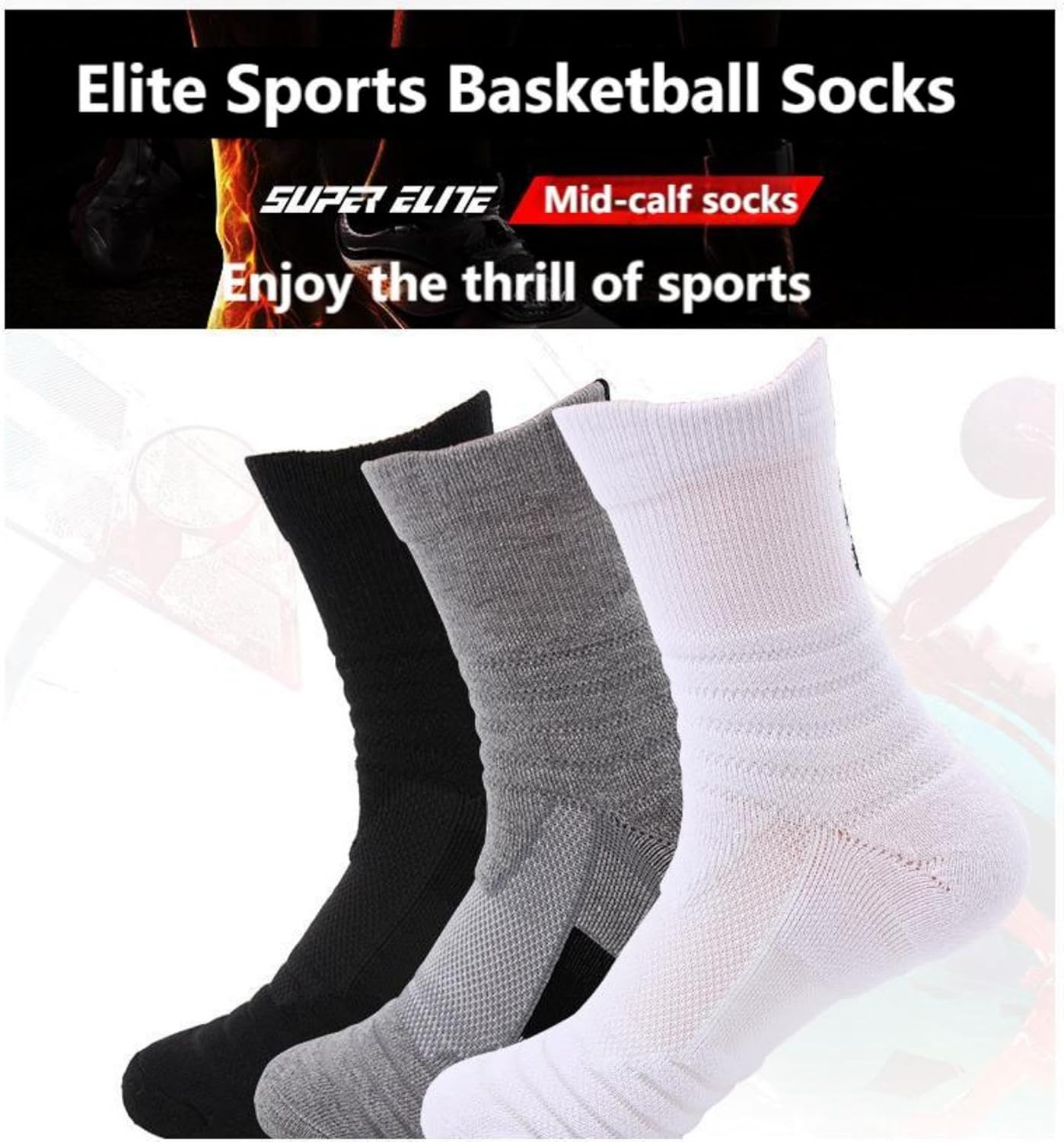 3 Pack Men'S Sports Running Socks - Thick Cushioned Crew Socks for Basketball & Tennis | Non-Slip Arch Support | Sweat-Wicking Black/Grey/White (One Size) image number 4